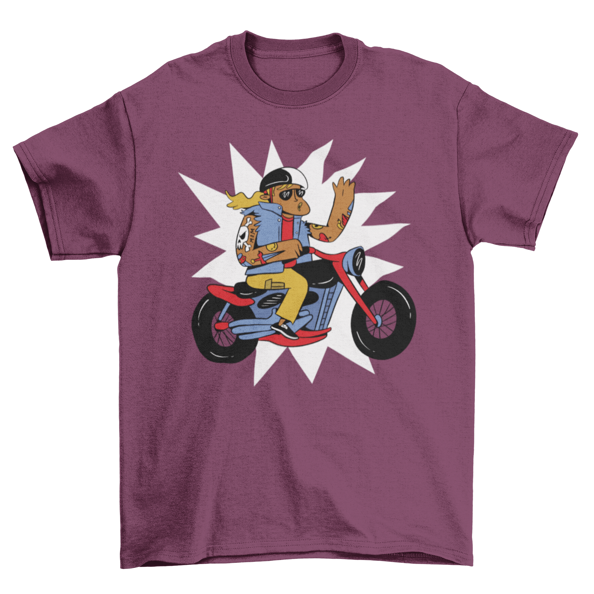 A stylish t-shirt featuring a boy riding a motorcycle, showcasing vibrant colors and a fun design.