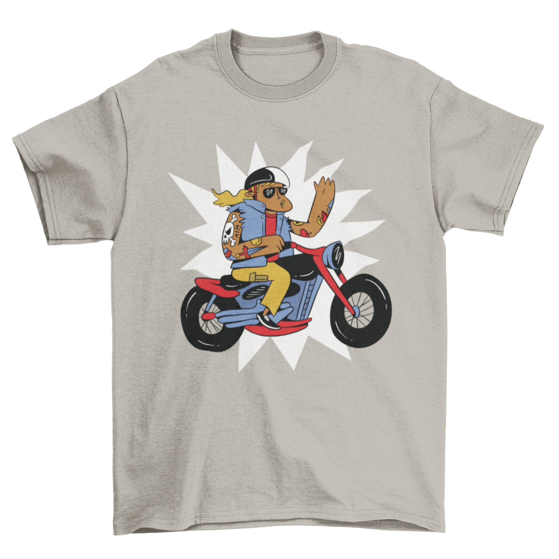 A stylish t-shirt featuring a boy riding a motorcycle, showcasing vibrant colors and a fun design.