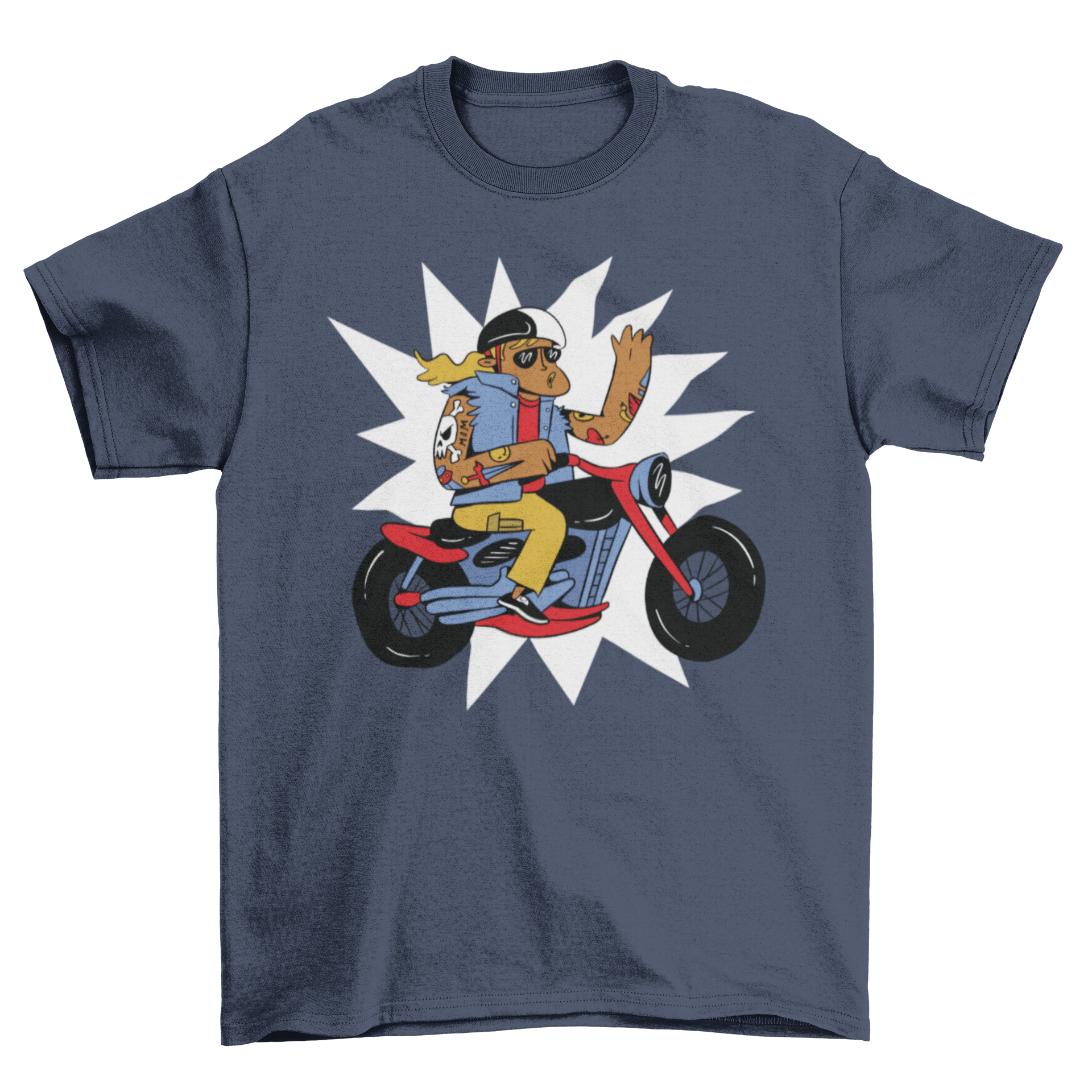 A stylish t-shirt featuring a boy riding a motorcycle, showcasing vibrant colors and a fun design.