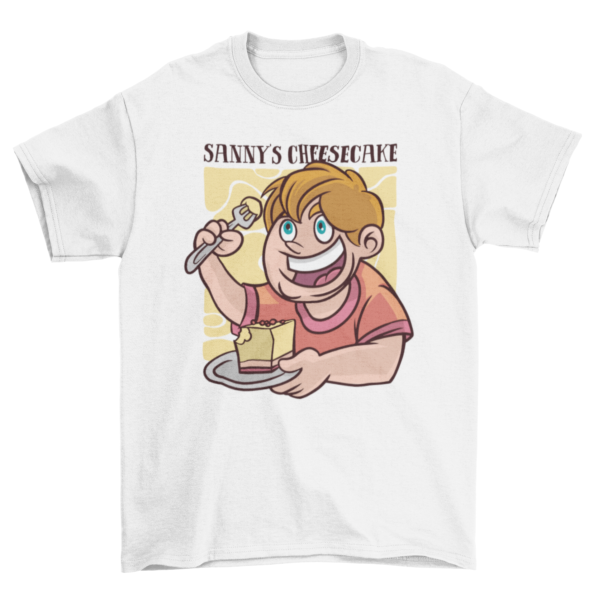 Cartoon t-shirt featuring a boy happily eating cheesecake, designed for kids.