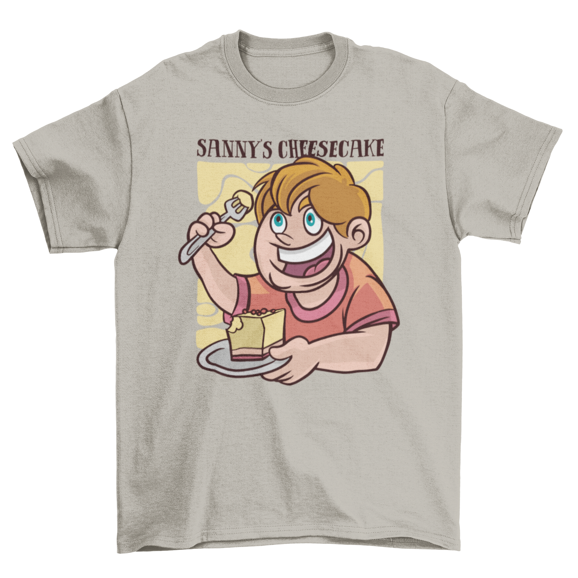 Cartoon t-shirt featuring a boy happily eating cheesecake, designed for kids.