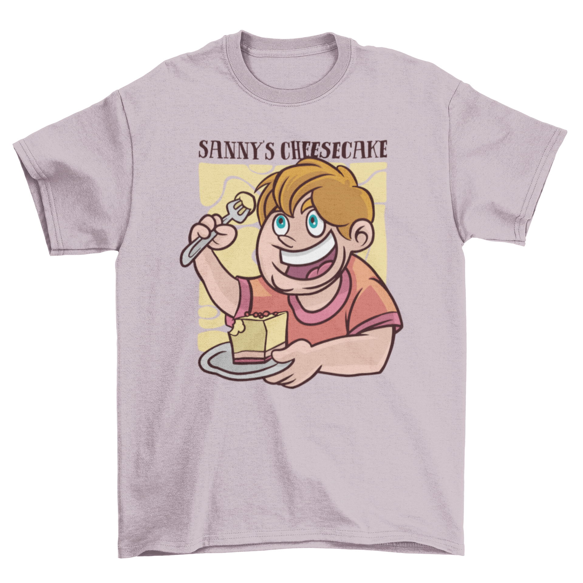 Cartoon t-shirt featuring a boy happily eating cheesecake, designed for kids.