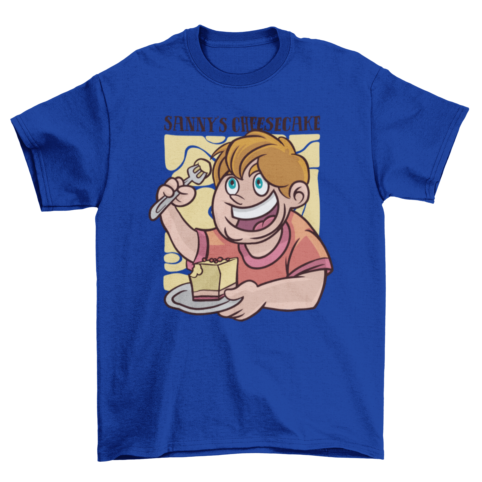 Cartoon t-shirt featuring a boy happily eating cheesecake, designed for kids.