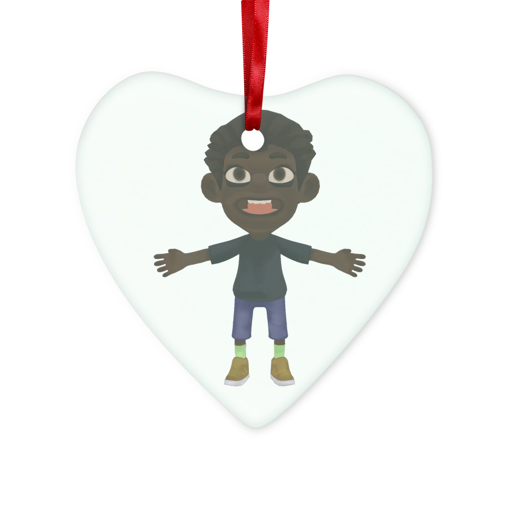 A beautifully crafted Boy Glass Hanging Ornament in round and heart shapes, featuring a red ribbon and gold string for hanging.