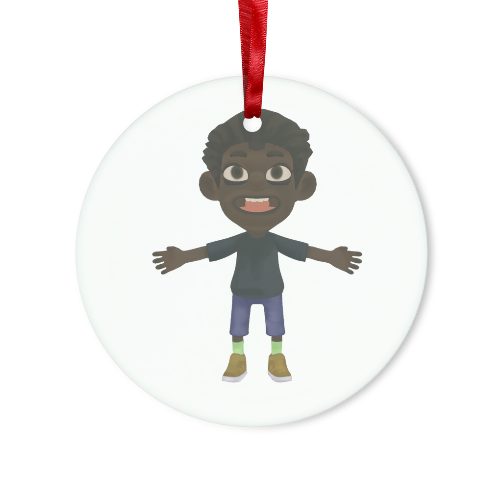 A beautifully crafted Boy Glass Hanging Ornament in round and heart shapes, featuring a red ribbon and gold string for hanging.