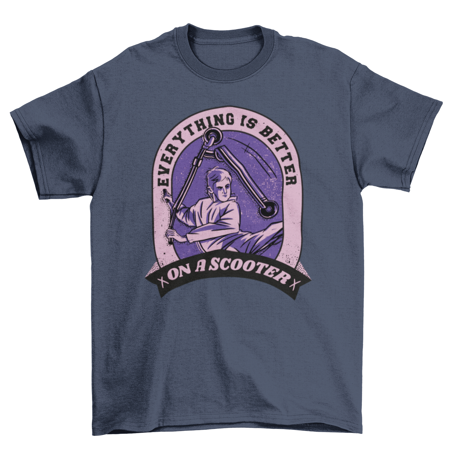 A stylish duotone t-shirt featuring a boy riding a scooter with the quote 'Everything is better on a scooter.'