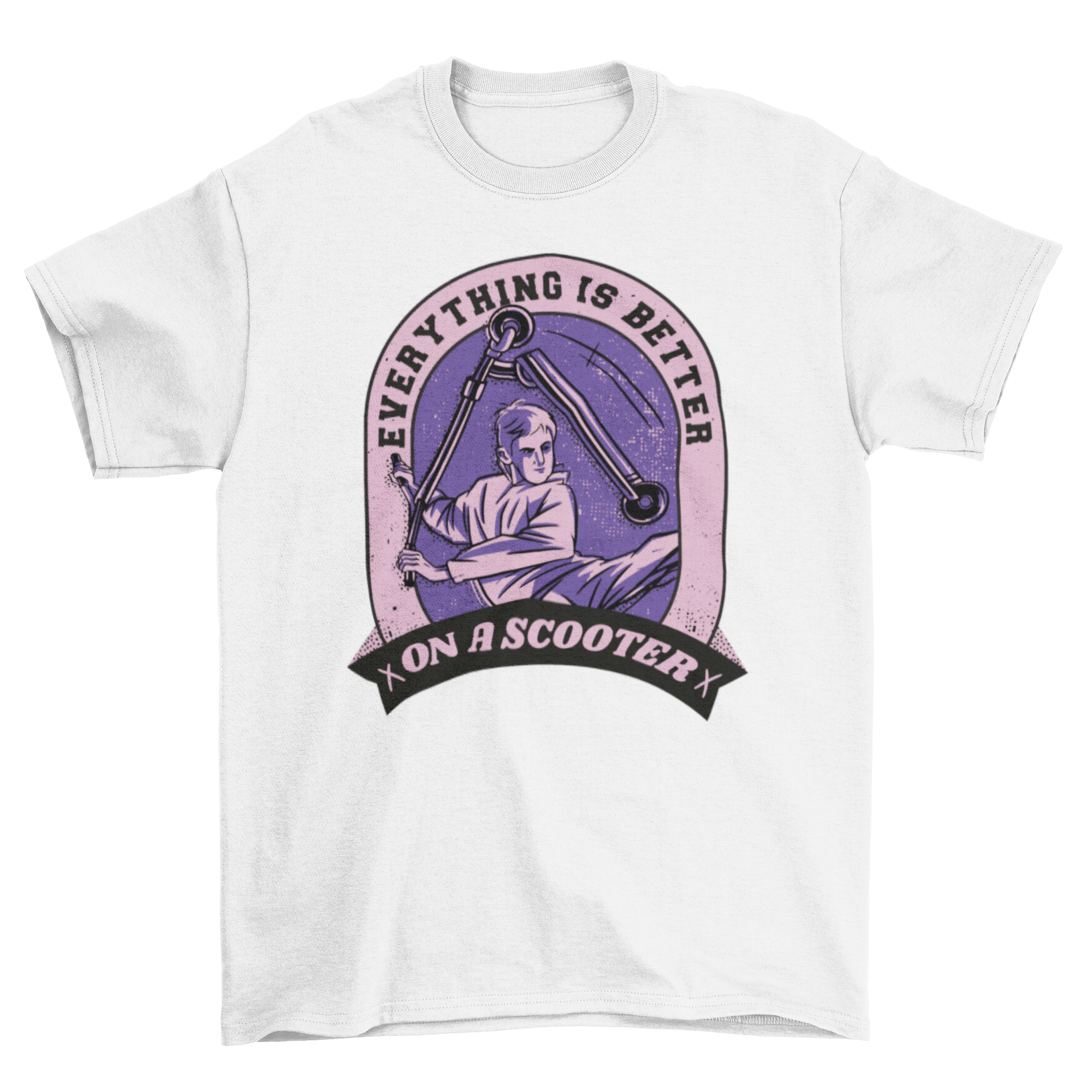 A stylish duotone t-shirt featuring a boy riding a scooter with the quote 'Everything is better on a scooter.'