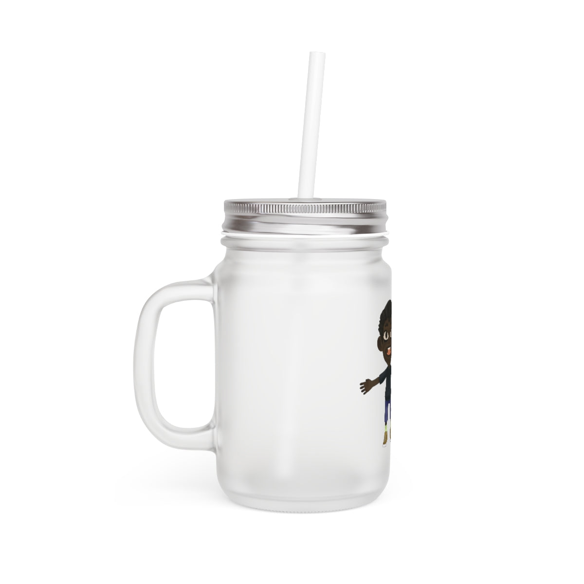 A stylish Boy Mason Jar made of frosted glass, featuring a straw and lid, perfect for personalized drinks.