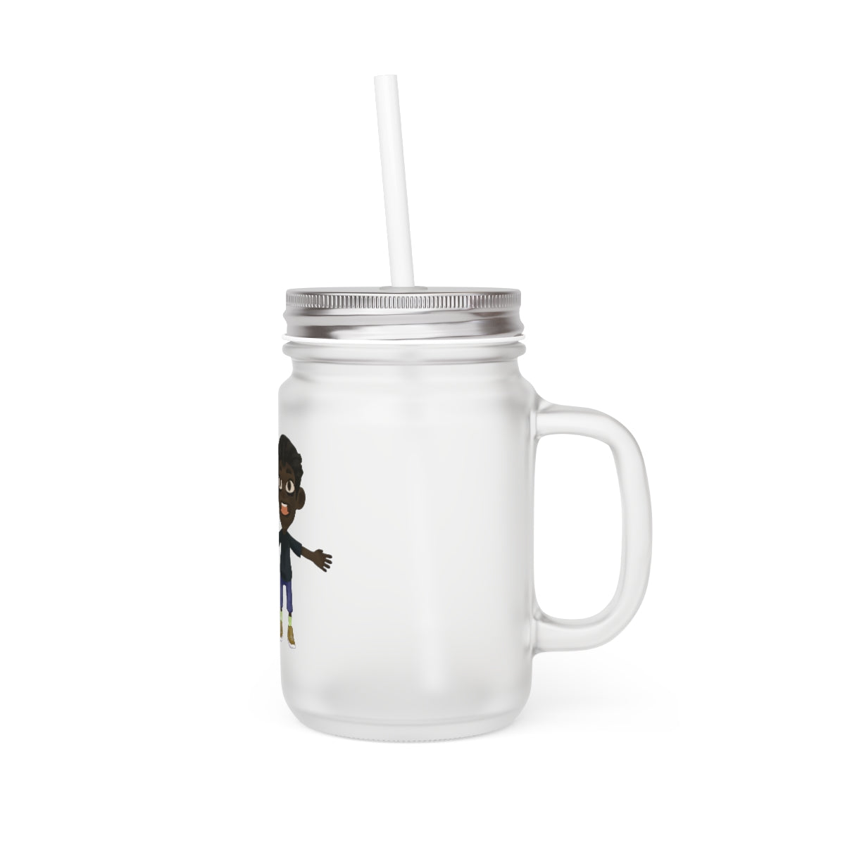 A stylish Boy Mason Jar made of frosted glass, featuring a straw and lid, perfect for personalized drinks.