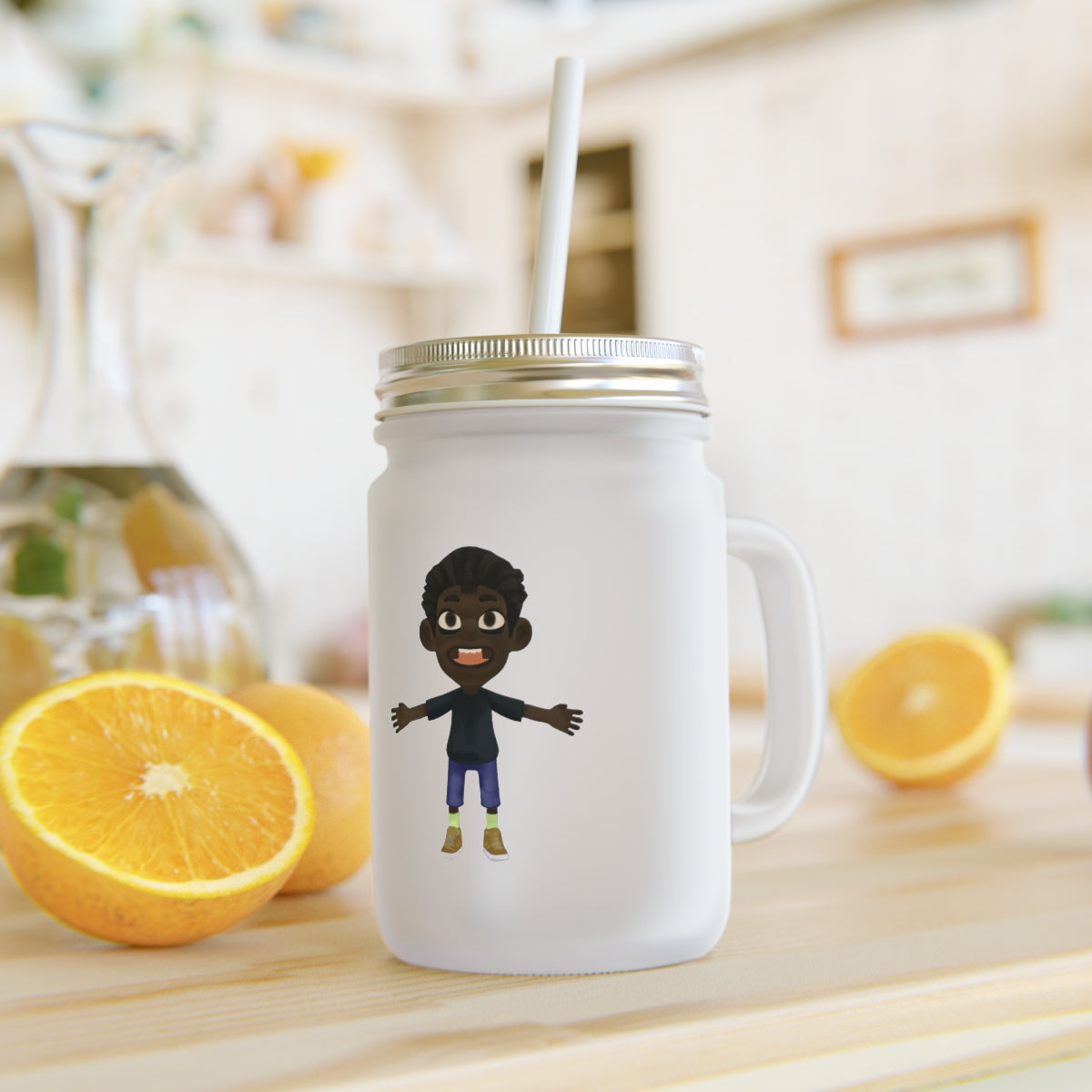 A stylish Boy Mason Jar made of frosted glass, featuring a straw and lid, perfect for personalized drinks.