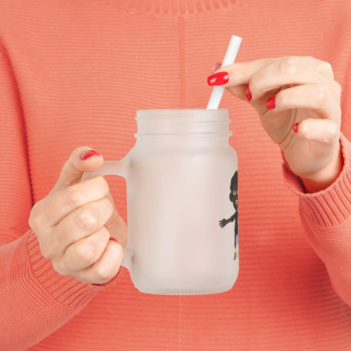 A stylish Boy Mason Jar made of frosted glass, featuring a straw and lid, perfect for personalized drinks.