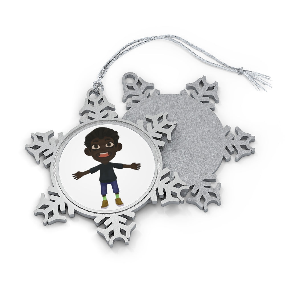 Boy Pewter Snowflake Ornament with intricate design and silver-toned hanging string, perfect for holiday decor.