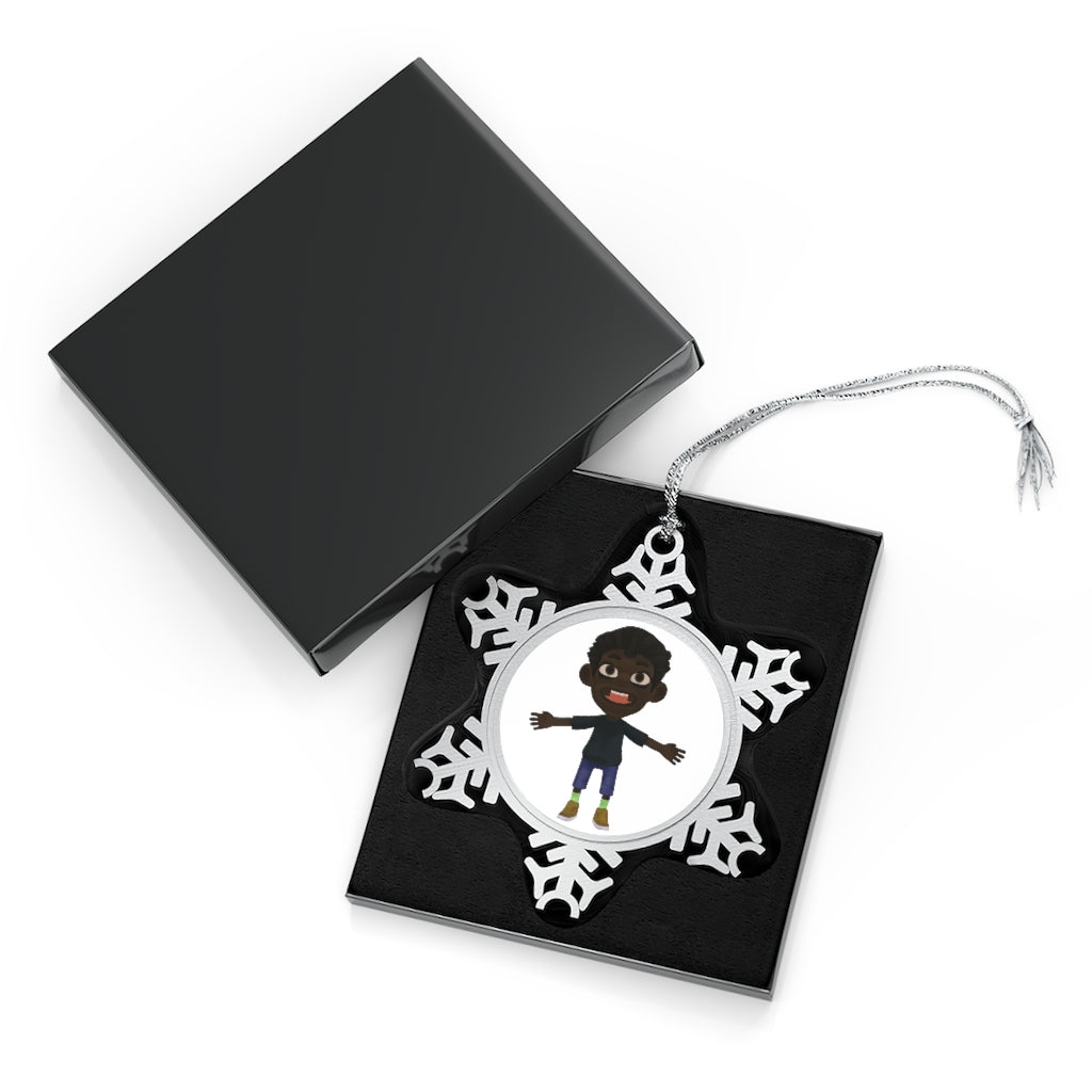 Boy Pewter Snowflake Ornament with intricate design and silver-toned hanging string, perfect for holiday decor.