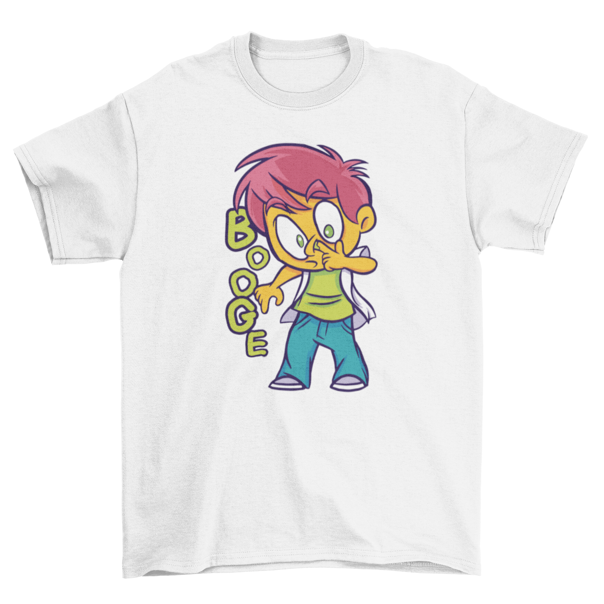 A playful Boy Picking Nose T-shirt featuring a cartoon kid and the word BOOGE, perfect for children.