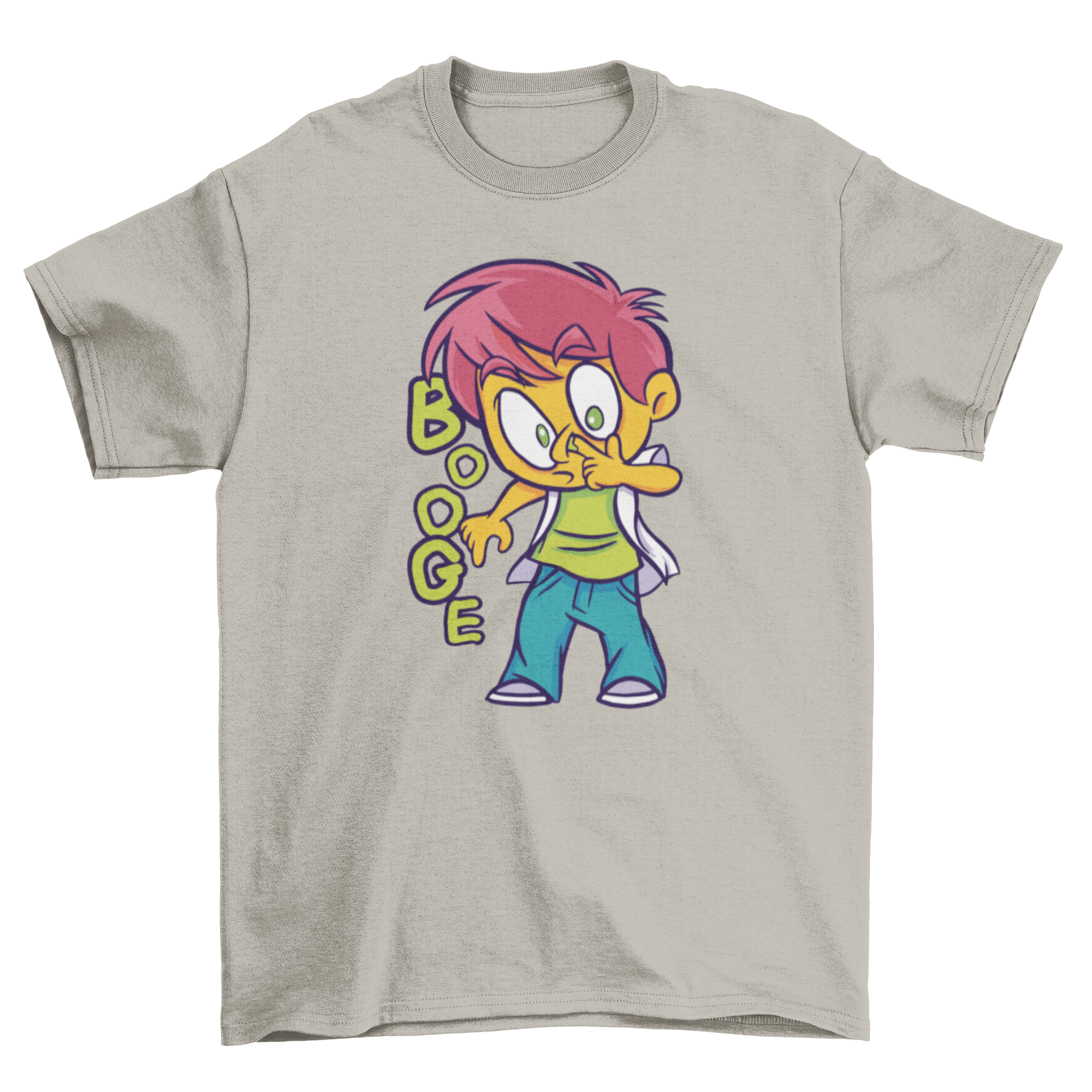 A playful Boy Picking Nose T-shirt featuring a cartoon kid and the word BOOGE, perfect for children.