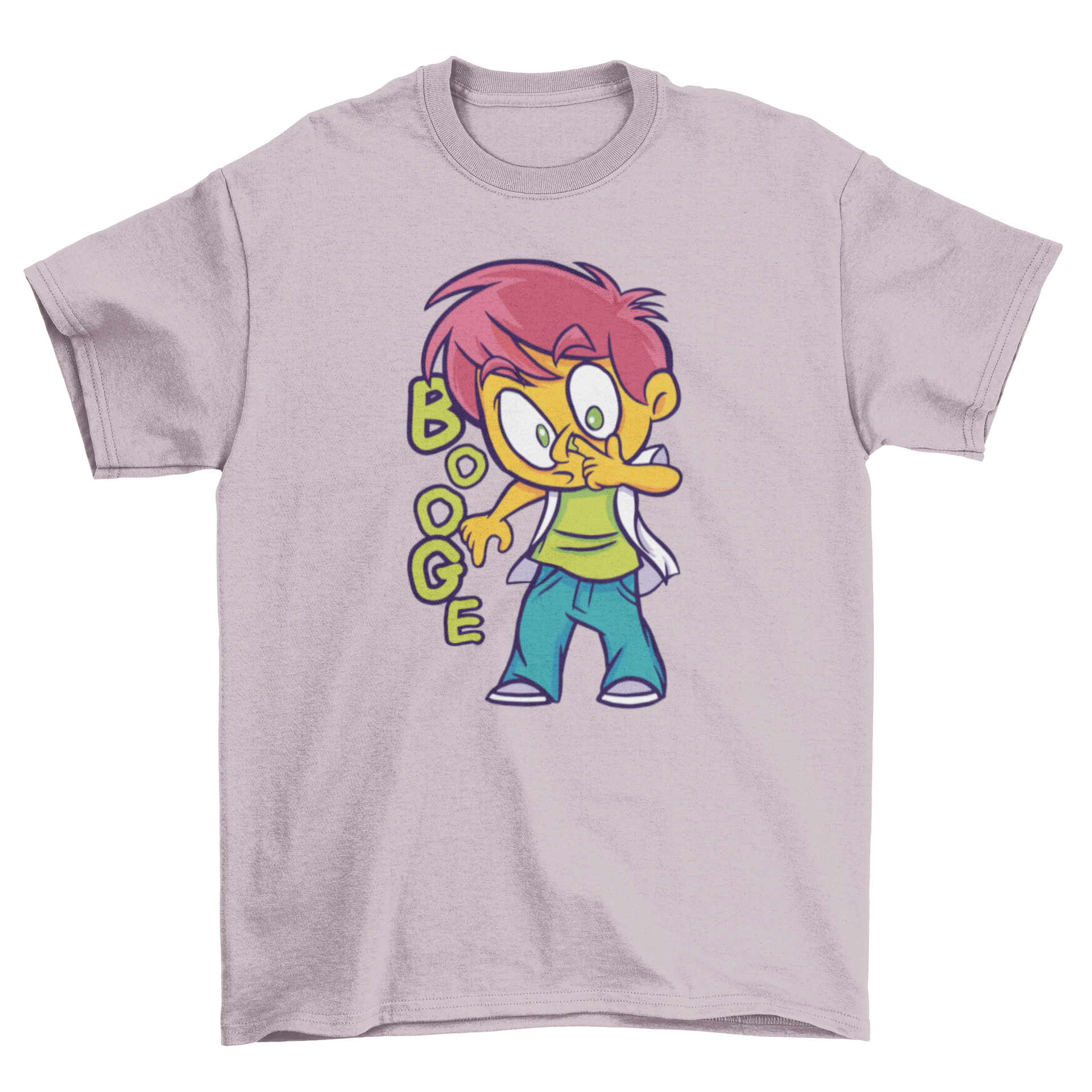 A playful Boy Picking Nose T-shirt featuring a cartoon kid and the word BOOGE, perfect for children.