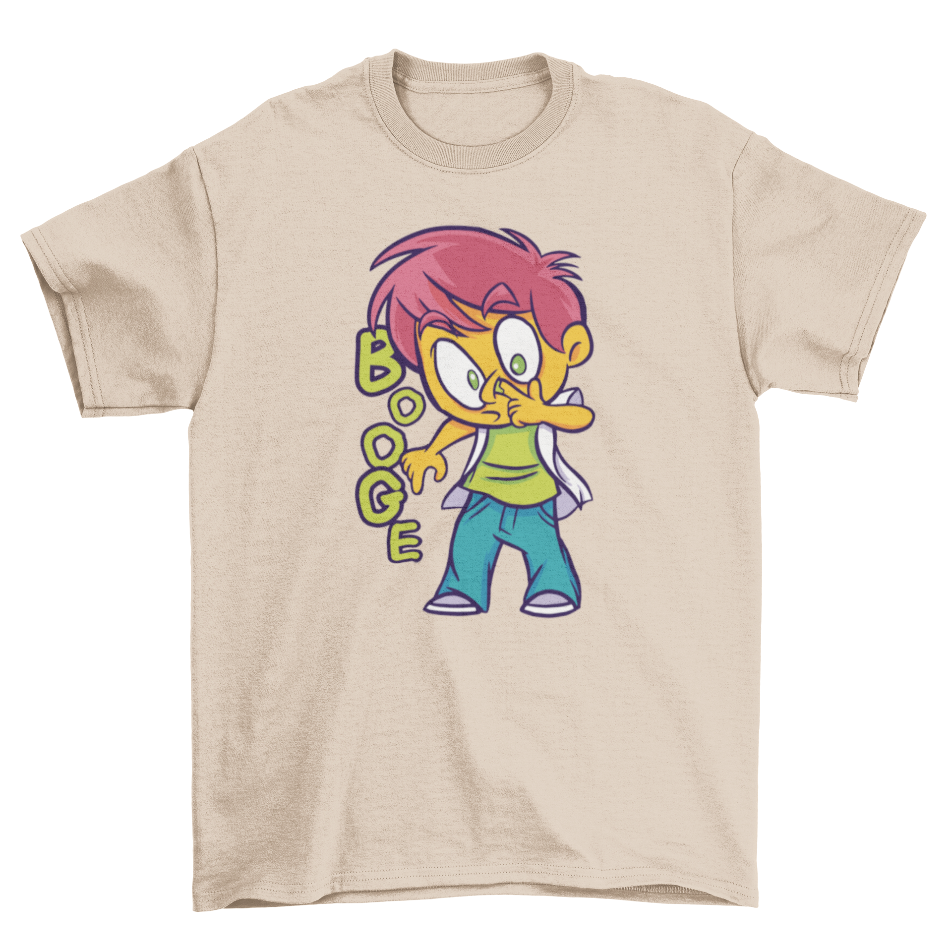 A playful Boy Picking Nose T-shirt featuring a cartoon kid and the word BOOGE, perfect for children.