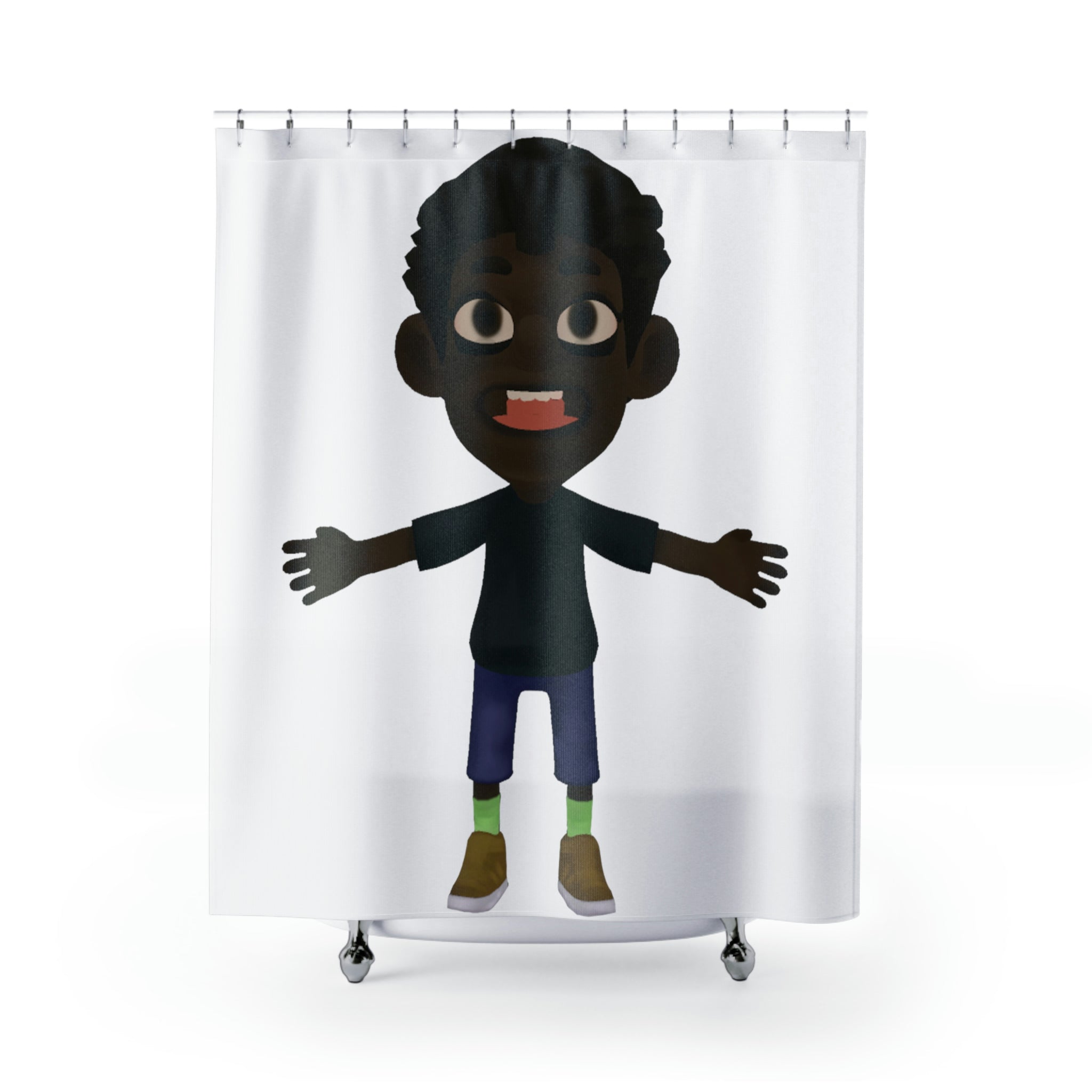 Colorful boy-themed shower curtain made of durable polyester, featuring unique designs suitable for children's bathrooms.