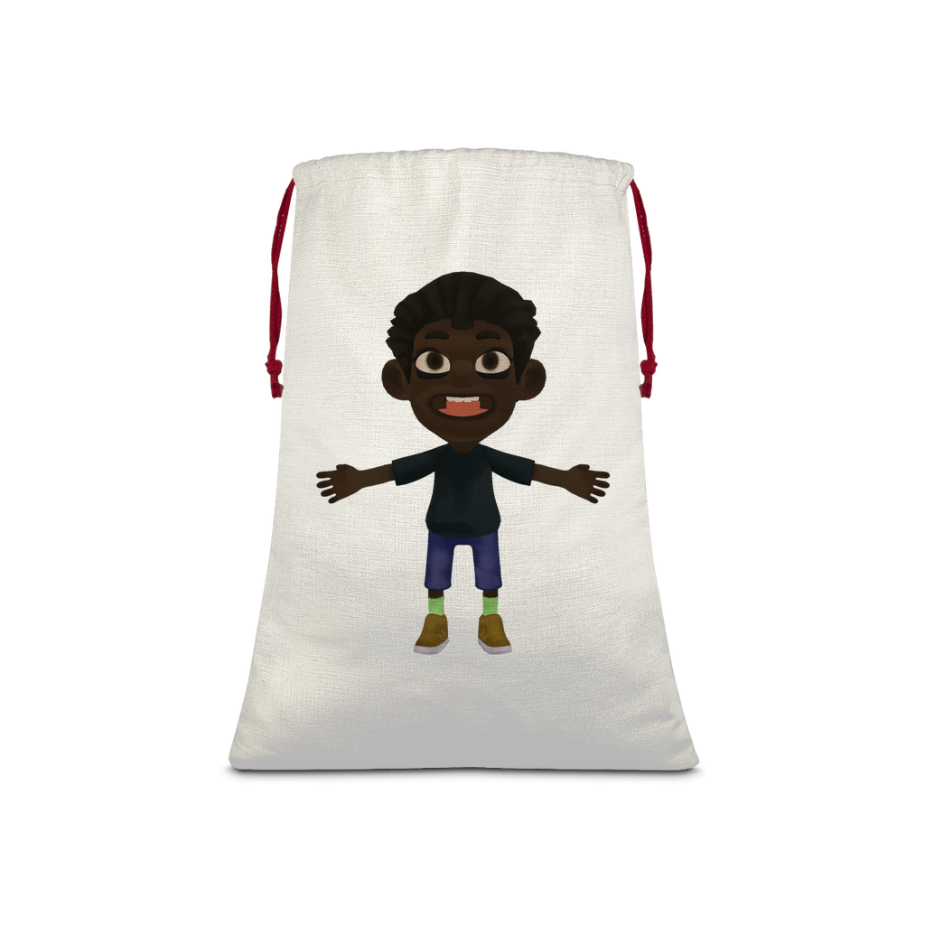 Boy Sublimation Linen Drawstring Sack with red drawstring, featuring a linen texture and eco-friendly printed design, perfect for Christmas gifts.