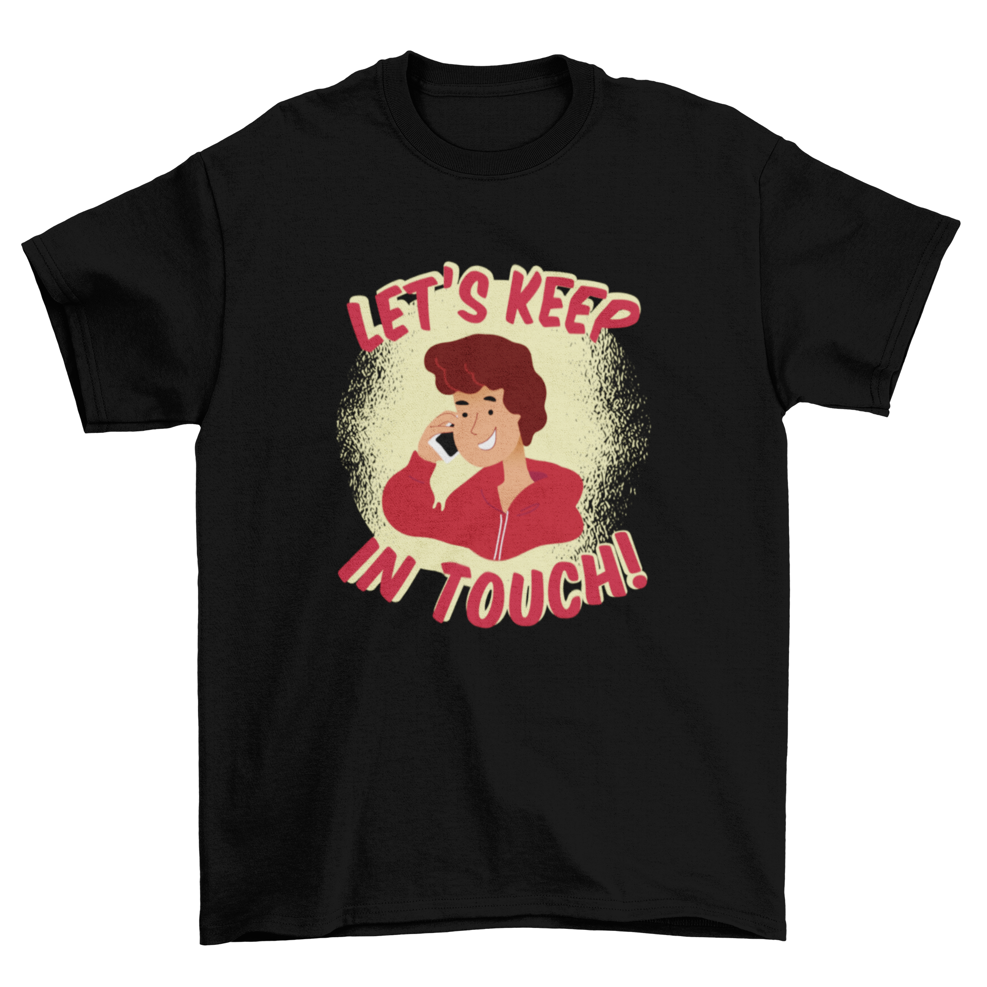 A playful T-shirt featuring a boy talking on the phone with the text 'Let's Keep In Touch!' in vibrant colors.