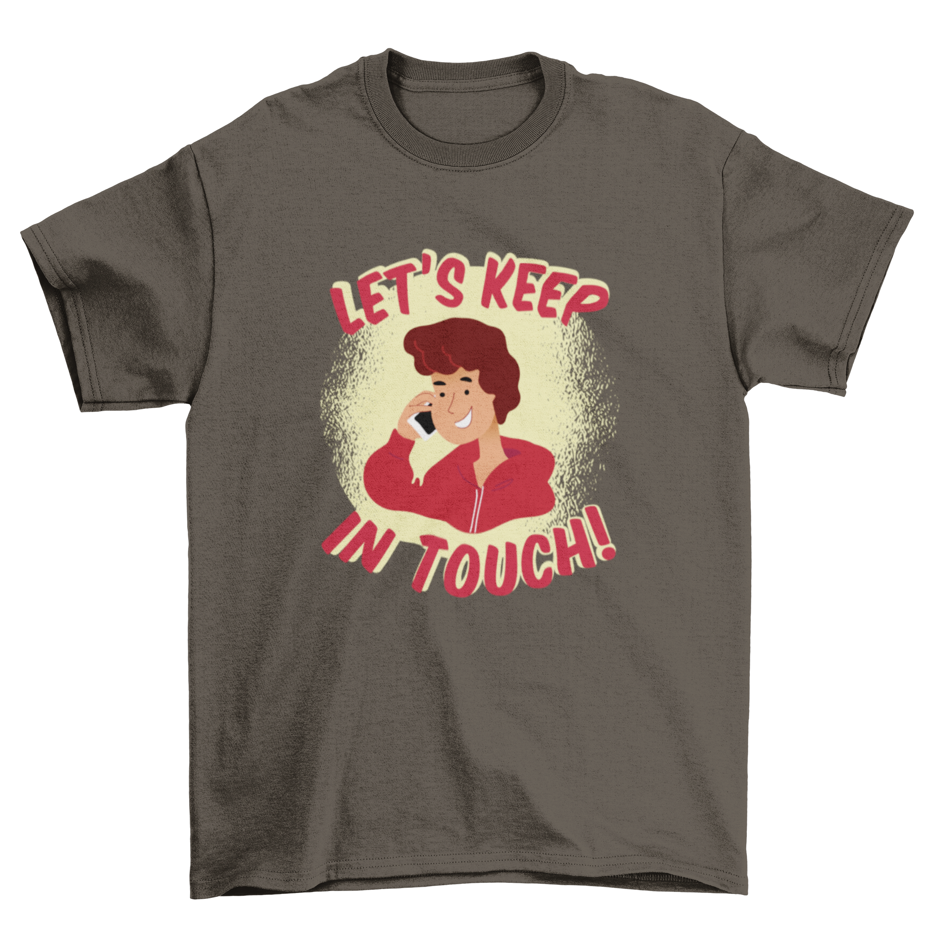 A playful T-shirt featuring a boy talking on the phone with the text 'Let's Keep In Touch!' in vibrant colors.