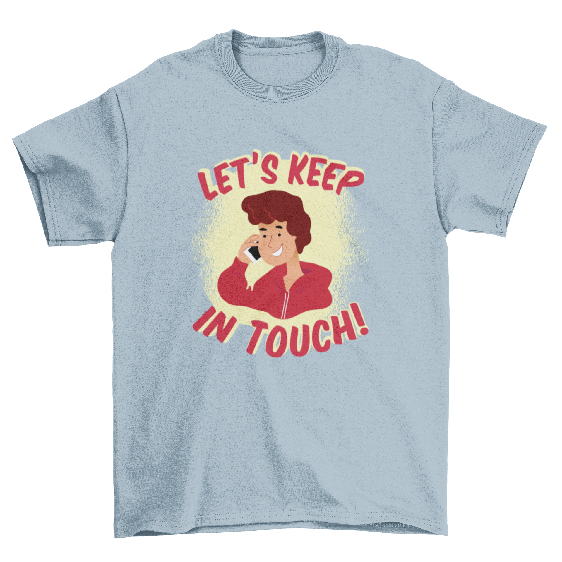 A playful T-shirt featuring a boy talking on the phone with the text 'Let's Keep In Touch!' in vibrant colors.