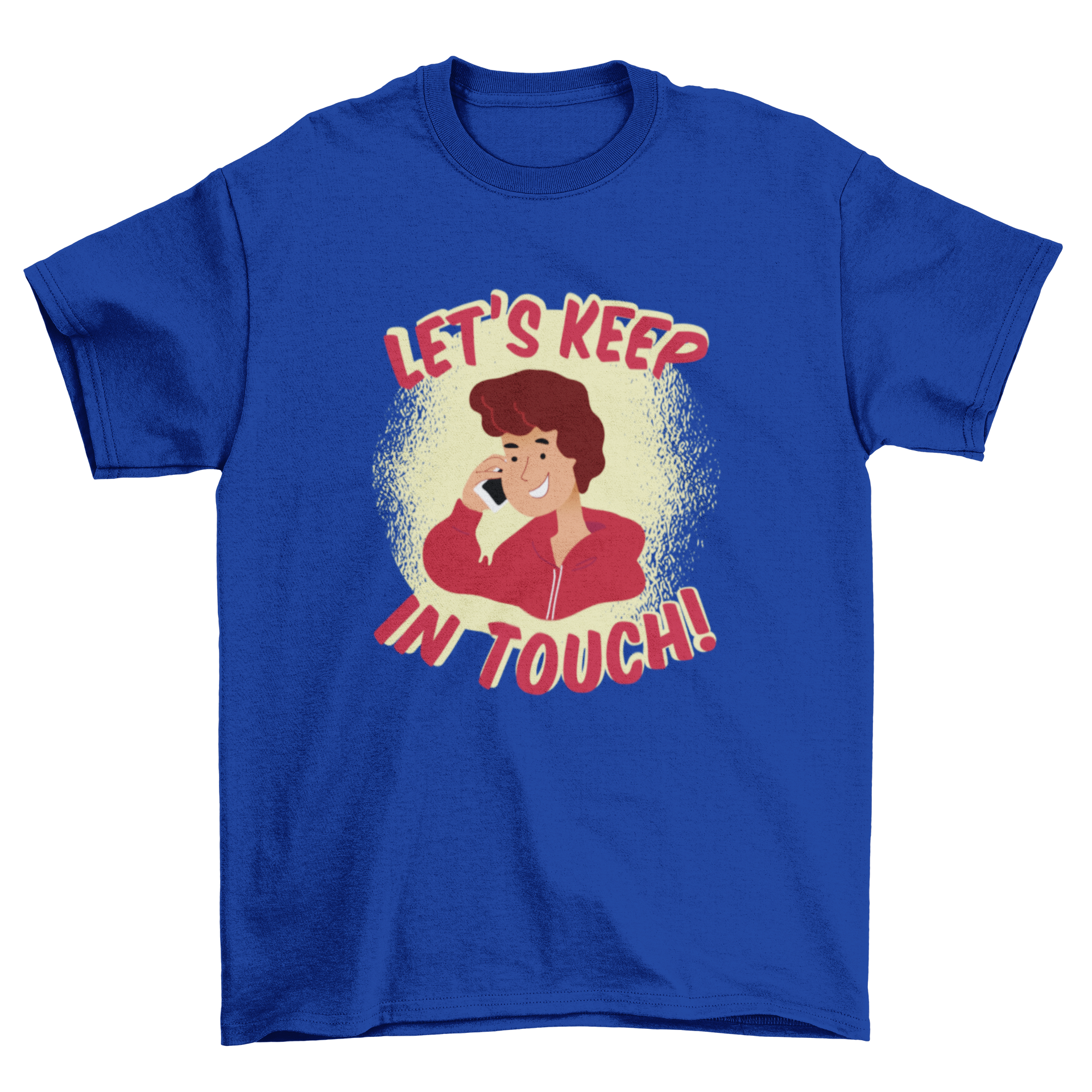 A playful T-shirt featuring a boy talking on the phone with the text 'Let's Keep In Touch!' in vibrant colors.