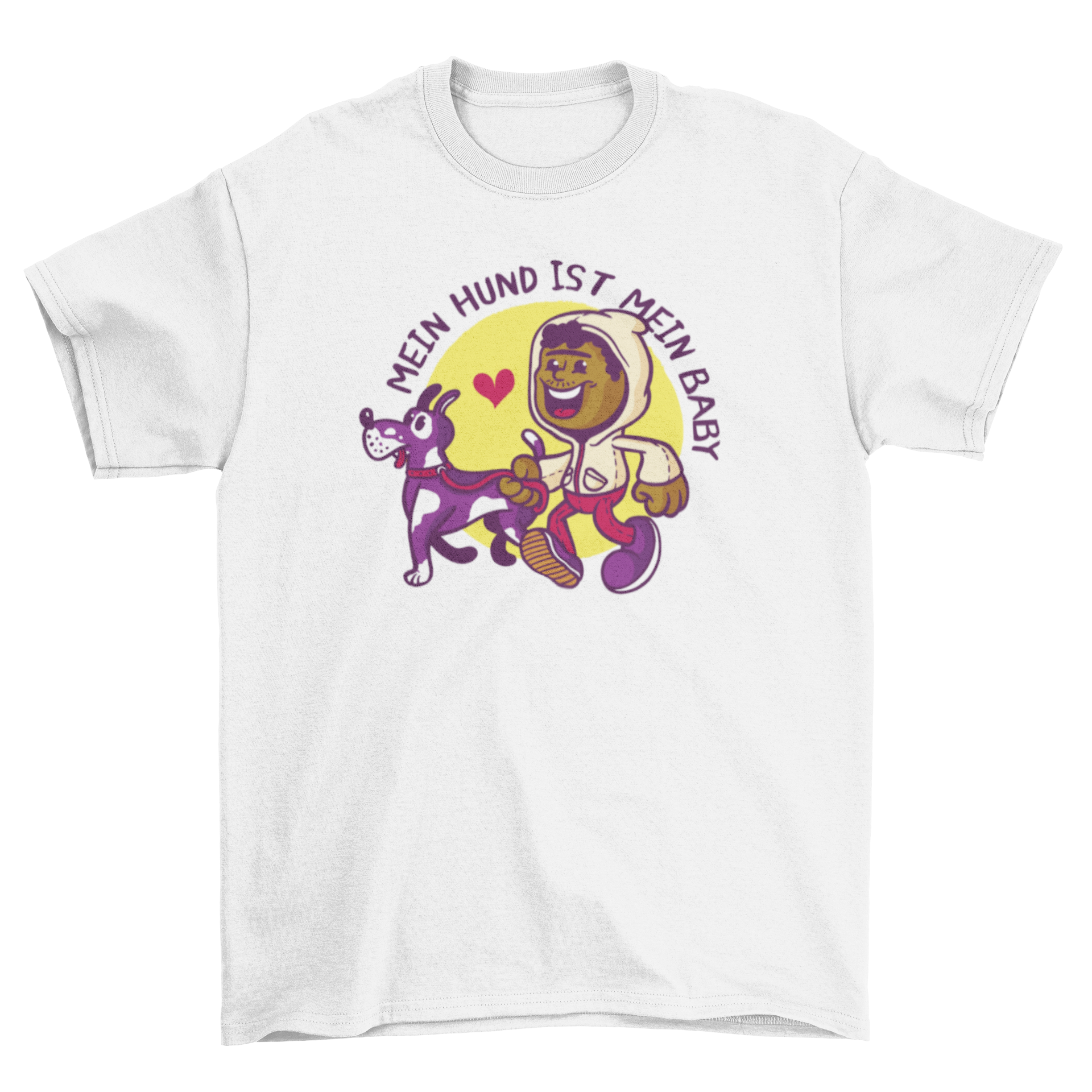 A colorful t-shirt featuring a cartoon boy walking a dog with a German quote.