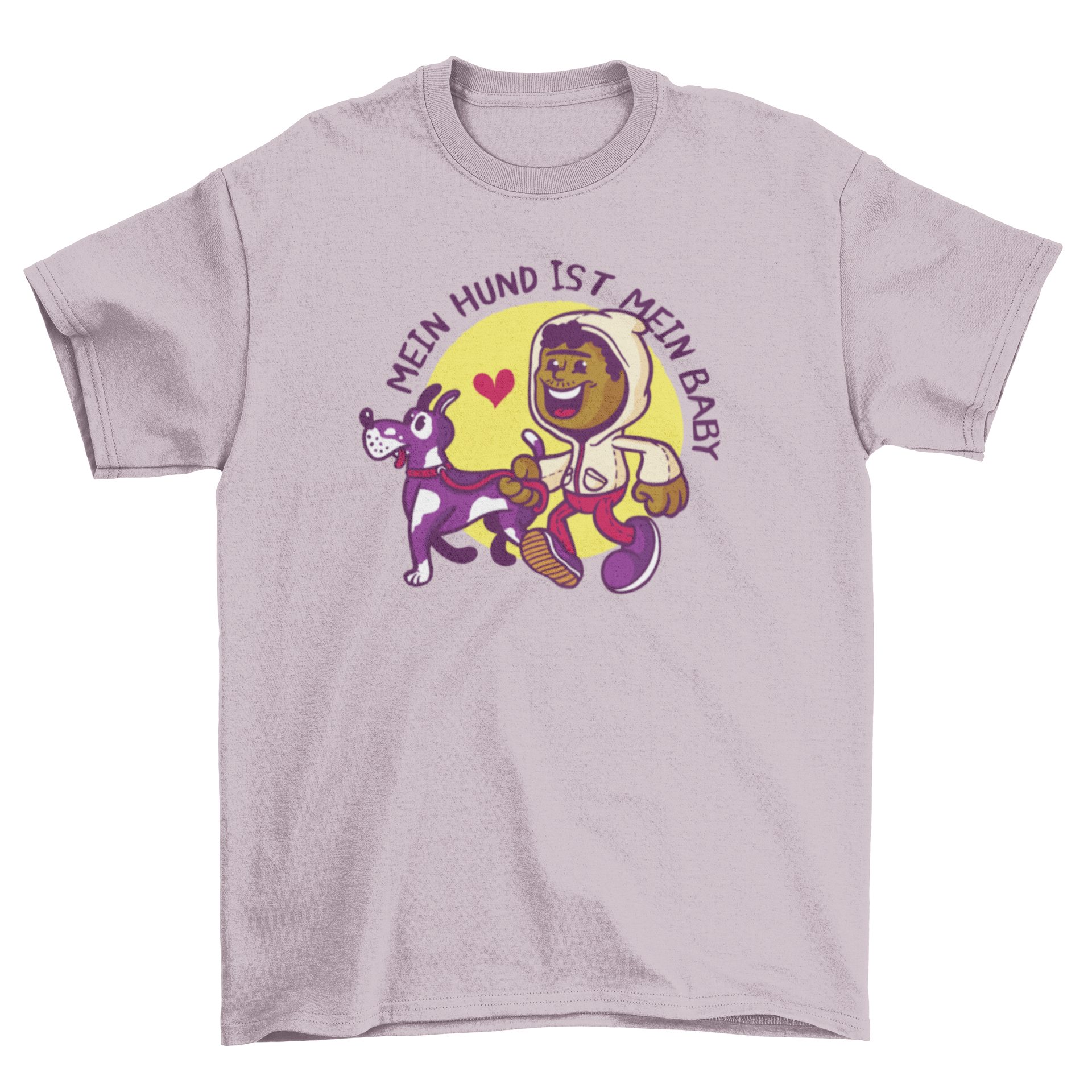 A colorful t-shirt featuring a cartoon boy walking a dog with a German quote.