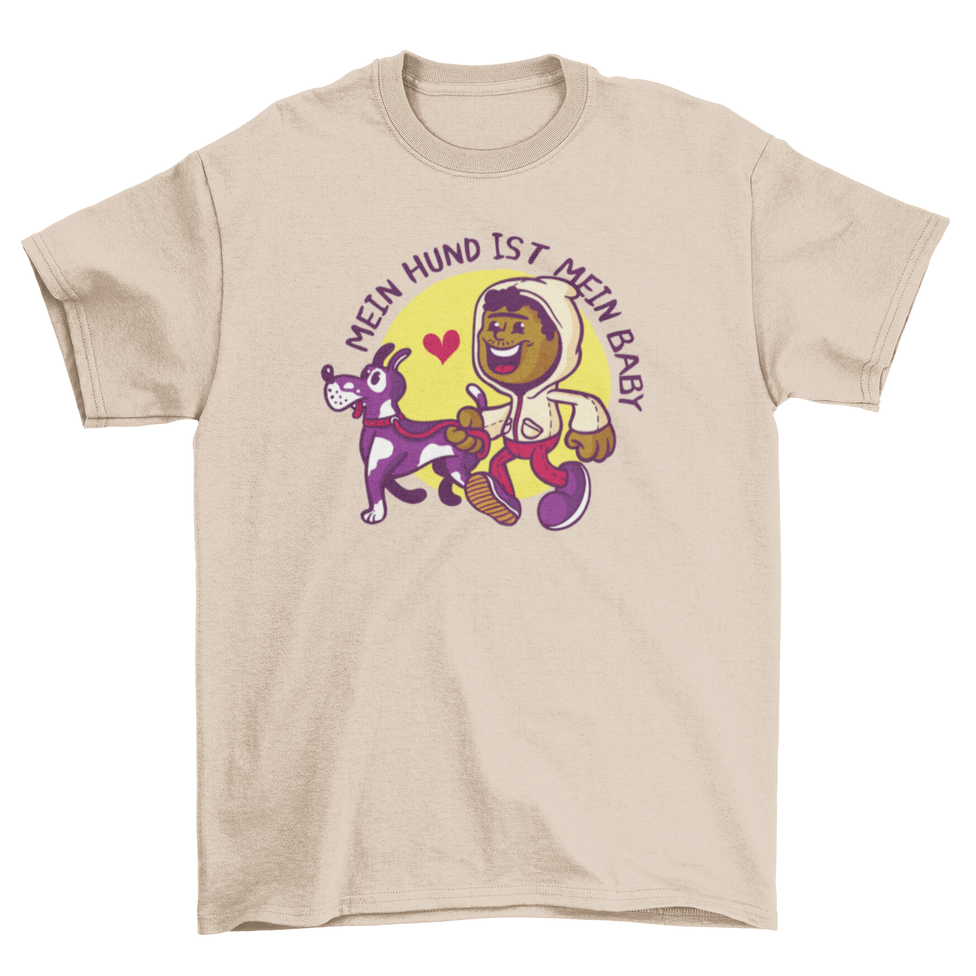 A colorful t-shirt featuring a cartoon boy walking a dog with a German quote.