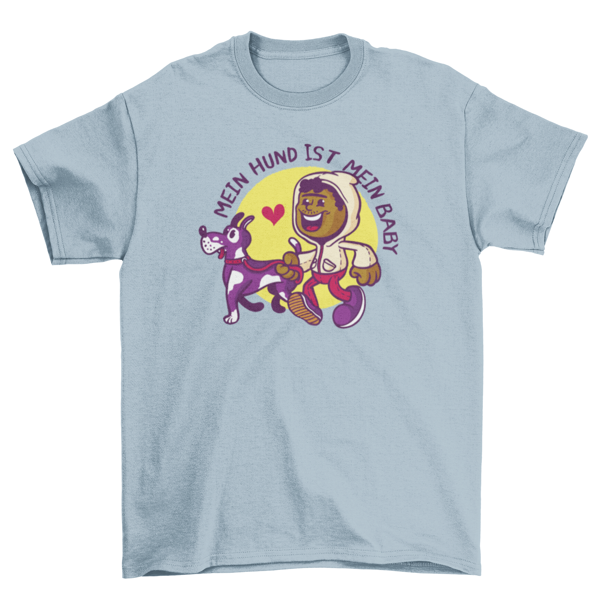 A colorful t-shirt featuring a cartoon boy walking a dog with a German quote.