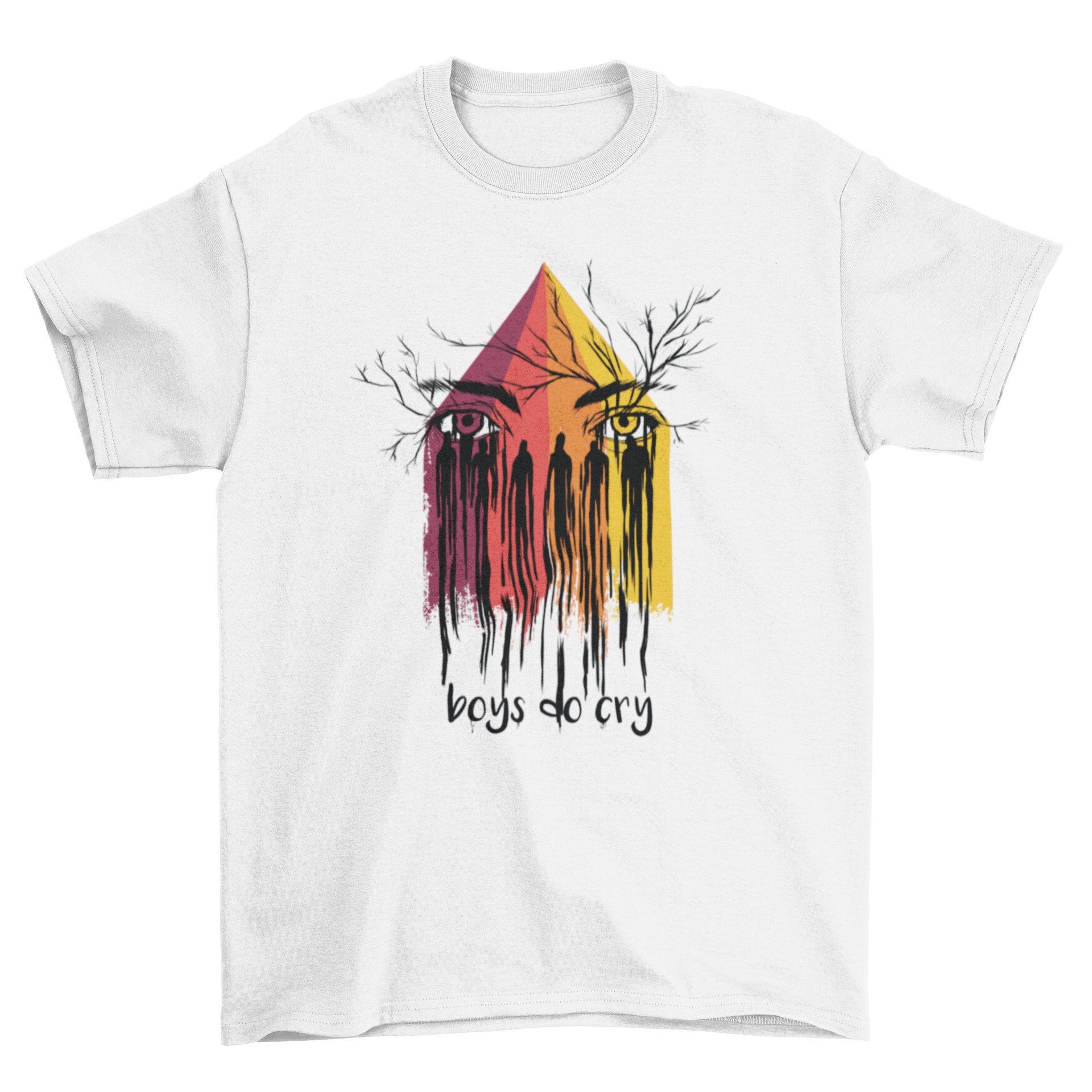 Boys Cry T-Shirt featuring two eyes with rainbow tears and the text 'Boys do Cry' at the bottom.