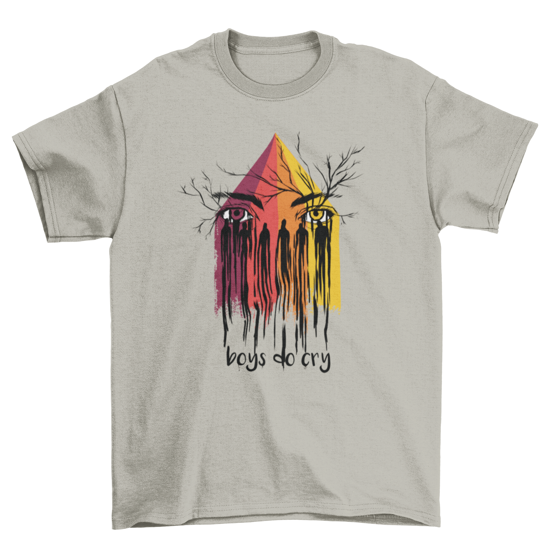 Boys Cry T-Shirt featuring two eyes with rainbow tears and the text 'Boys do Cry' at the bottom.