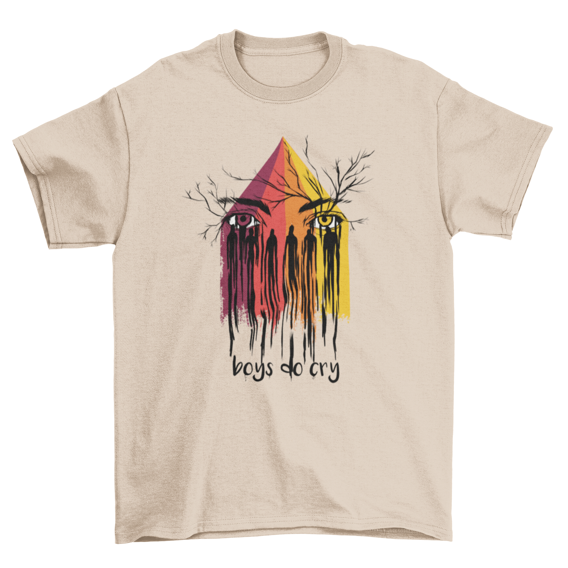 Boys Cry T-Shirt featuring two eyes with rainbow tears and the text 'Boys do Cry' at the bottom.