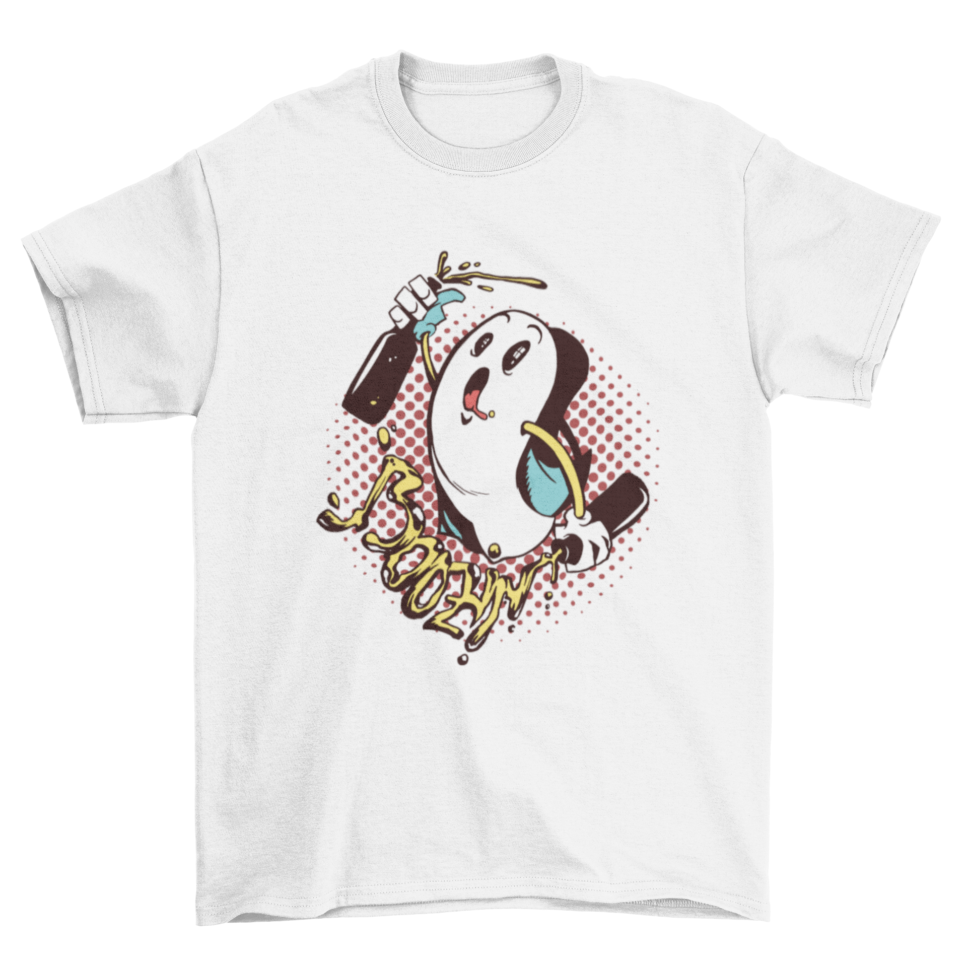 Boozin Ghost T-shirt featuring a funny illustration of a drunk ghost holding beer bottles with dripping beer letters.