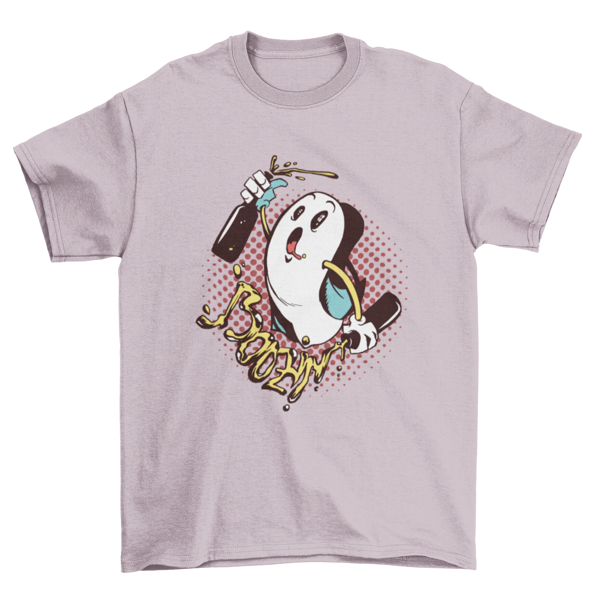 Boozin Ghost T-shirt featuring a funny illustration of a drunk ghost holding beer bottles with dripping beer letters.