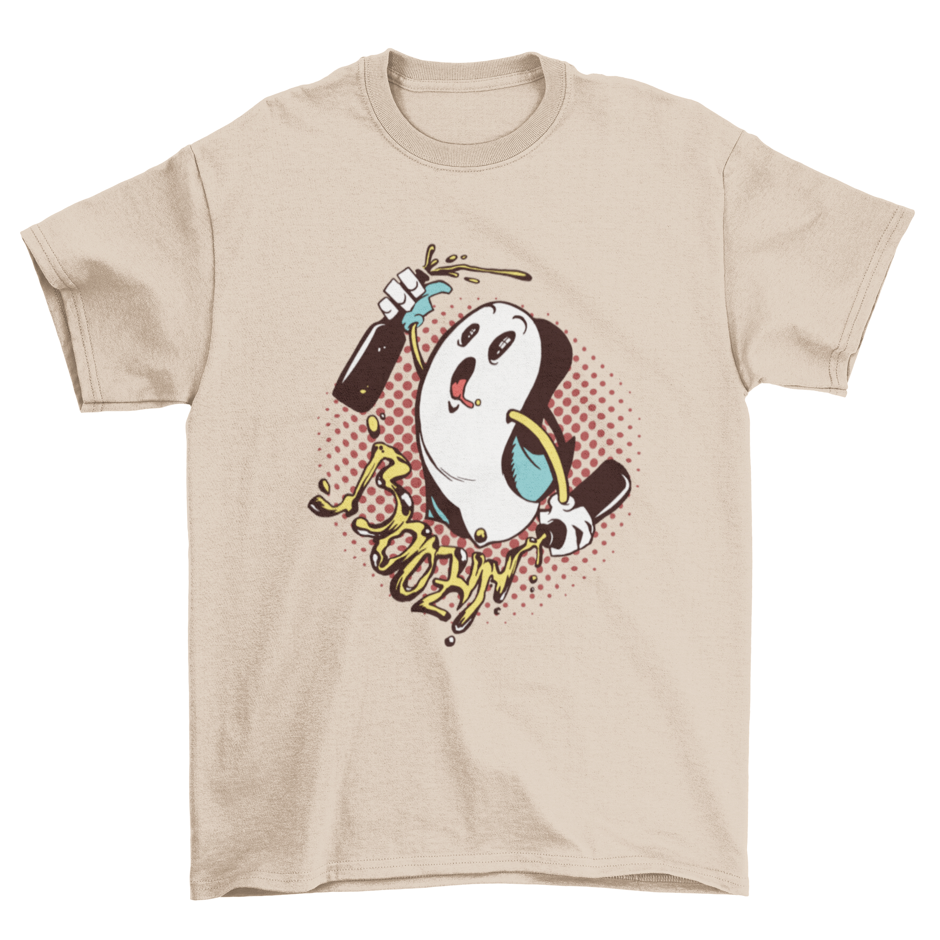 Boozin Ghost T-shirt featuring a funny illustration of a drunk ghost holding beer bottles with dripping beer letters.