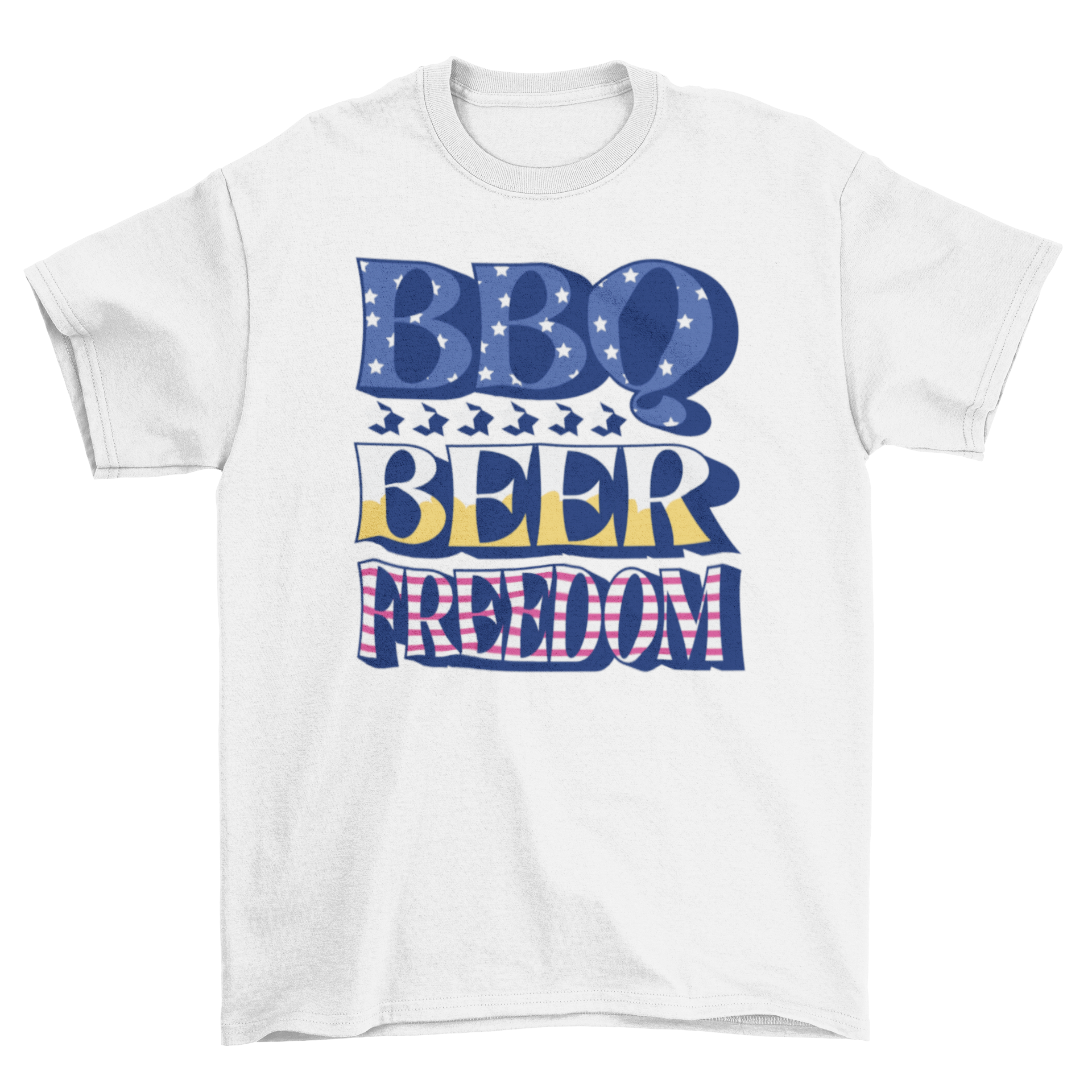 A stylish t-shirt featuring the quote 'BBQ, BEER, FREEDOM' in bold typography, perfect for summer gatherings.