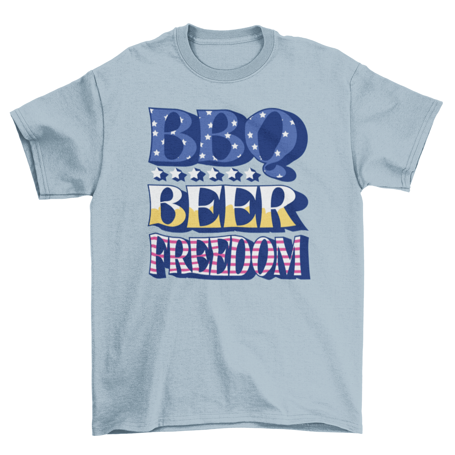 A stylish t-shirt featuring the quote 'BBQ, BEER, FREEDOM' in bold typography, perfect for summer gatherings.