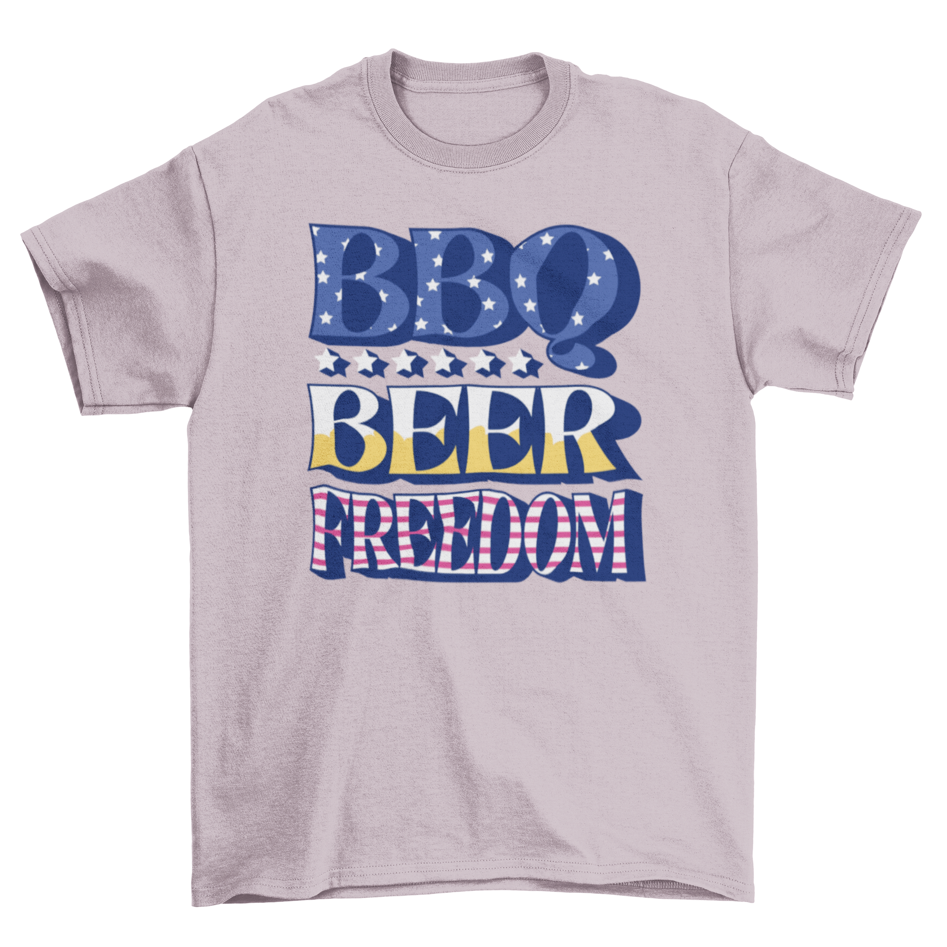 A stylish t-shirt featuring the quote 'BBQ, BEER, FREEDOM' in bold typography, perfect for summer gatherings.