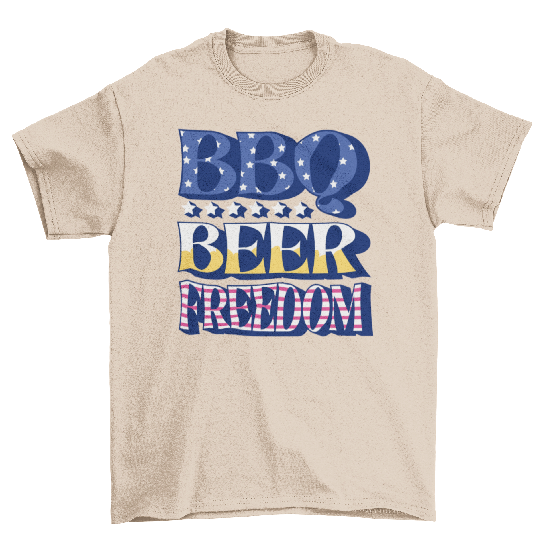 A stylish t-shirt featuring the quote 'BBQ, BEER, FREEDOM' in bold typography, perfect for summer gatherings.