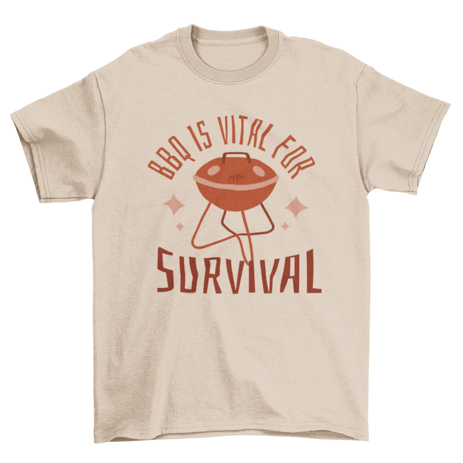 A stylish t-shirt featuring a BBQ grill graphic and the quote 'BBQ is vital for survival', perfect for grilling enthusiasts.