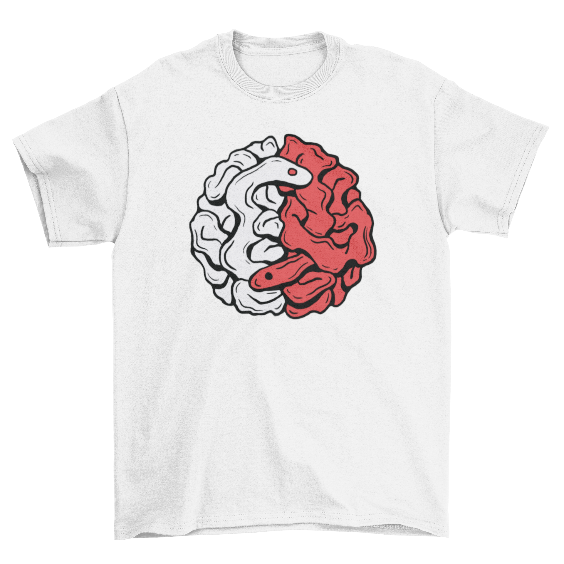 Brain Snake Yin Yang T-shirt featuring two snakes forming a brain and yin yang symbol, showcasing a unique and artistic design.