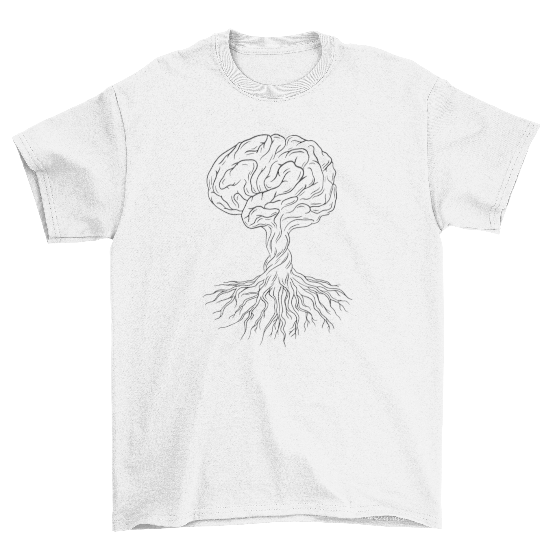 A hand-drawn t-shirt featuring a tree with roots and a brain as leaves, showcasing a unique artistic design.