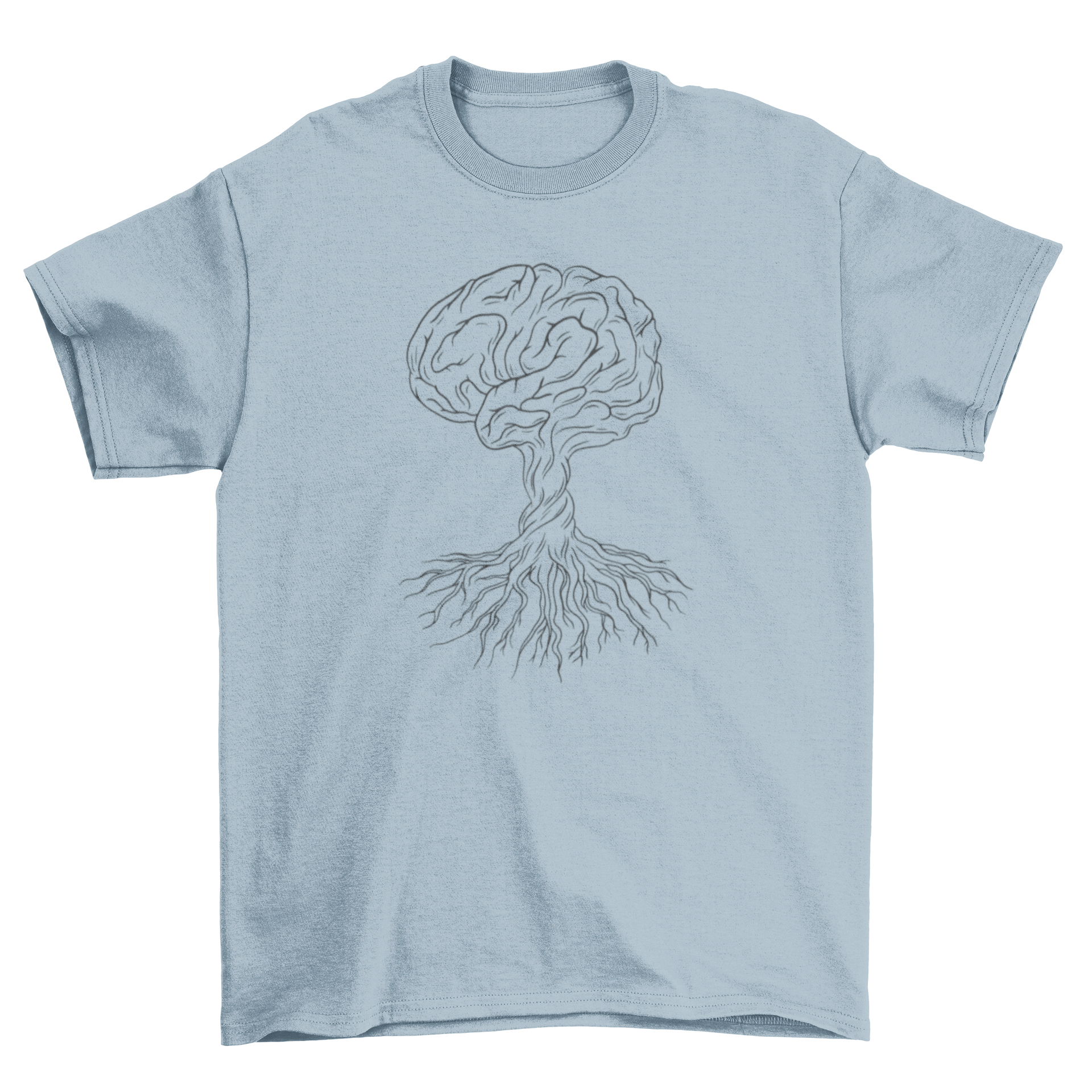 A hand-drawn t-shirt featuring a tree with roots and a brain as leaves, showcasing a unique artistic design.