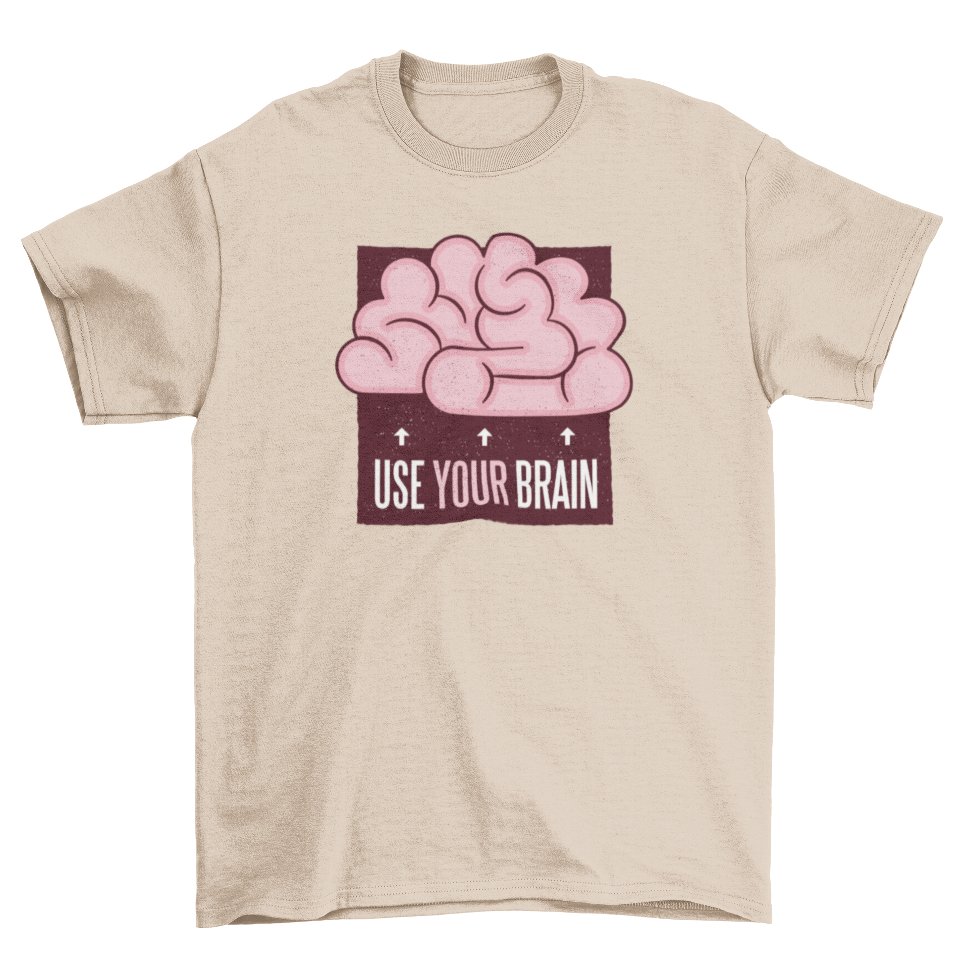 A stylish t-shirt featuring a cartoon illustration of a human brain with arrows and the caption 'Use your brain'.