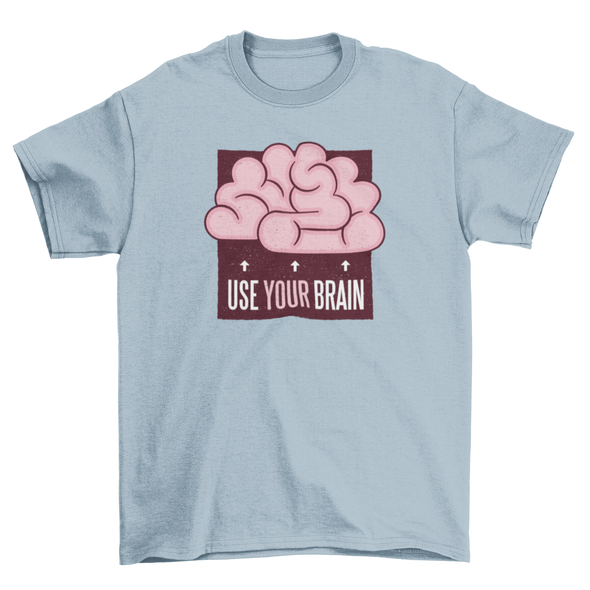 A stylish t-shirt featuring a cartoon illustration of a human brain with arrows and the caption 'Use your brain'.