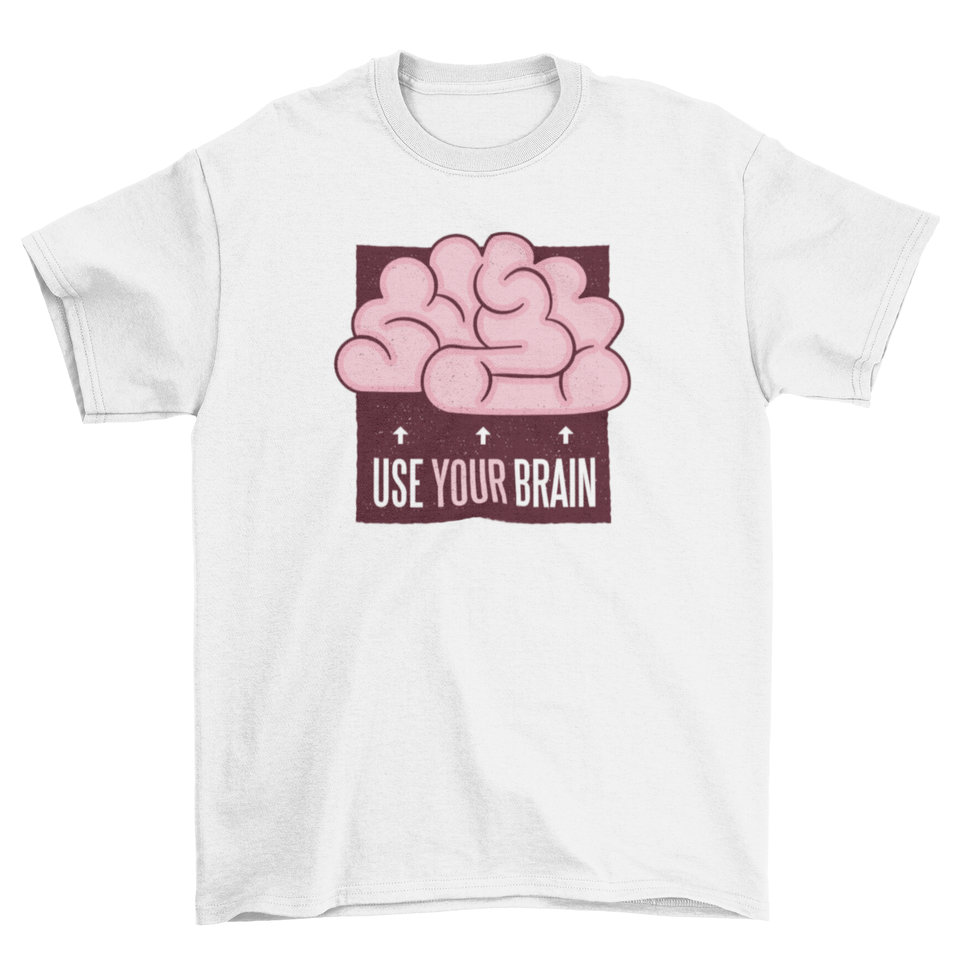 A stylish t-shirt featuring a cartoon illustration of a human brain with arrows and the caption 'Use your brain'.