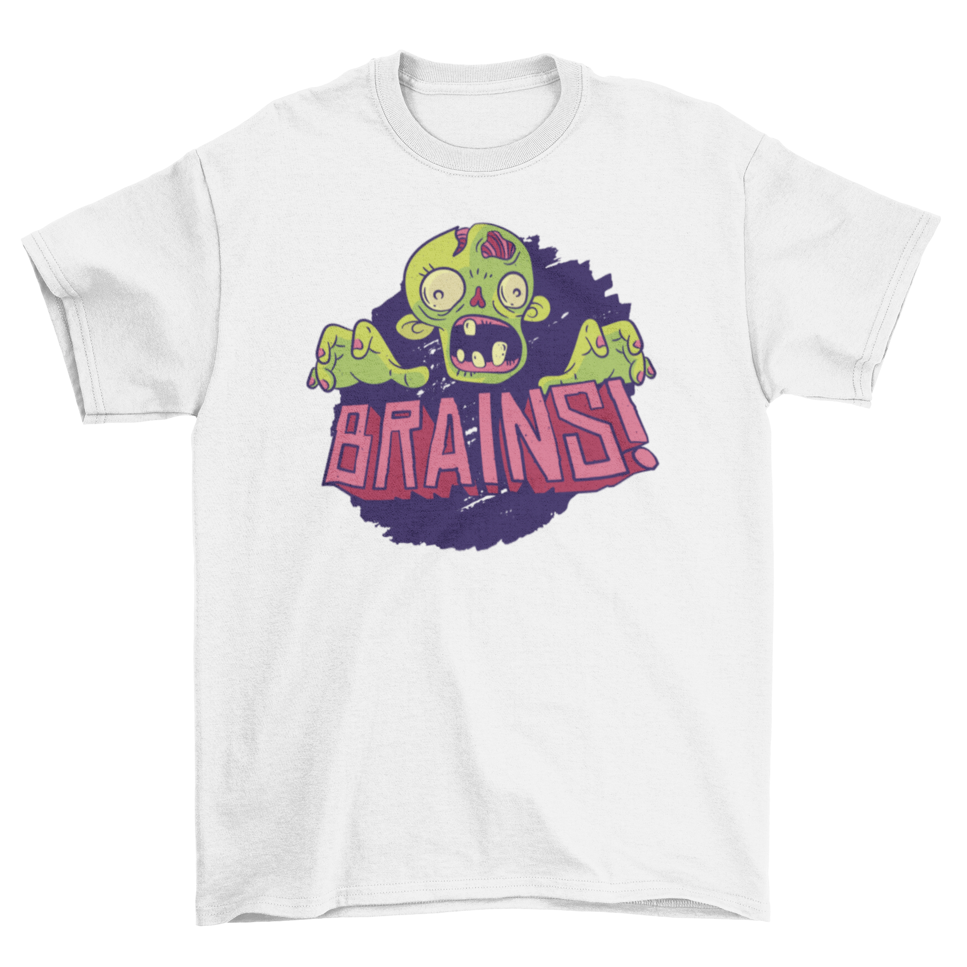 Brains zombie t-shirt featuring a cartoon zombie head and hands on a purple background.