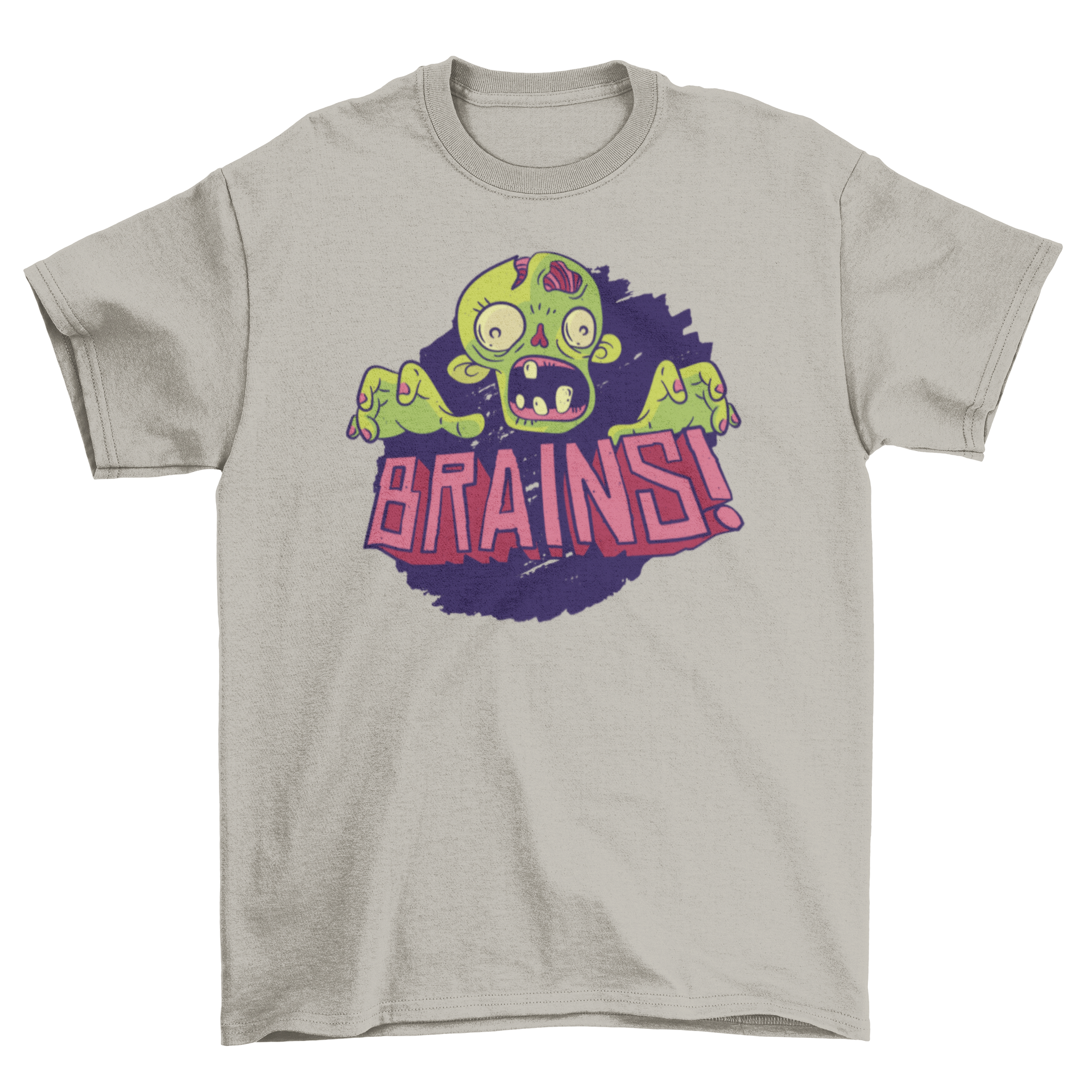 Brains zombie t-shirt featuring a cartoon zombie head and hands on a purple background.